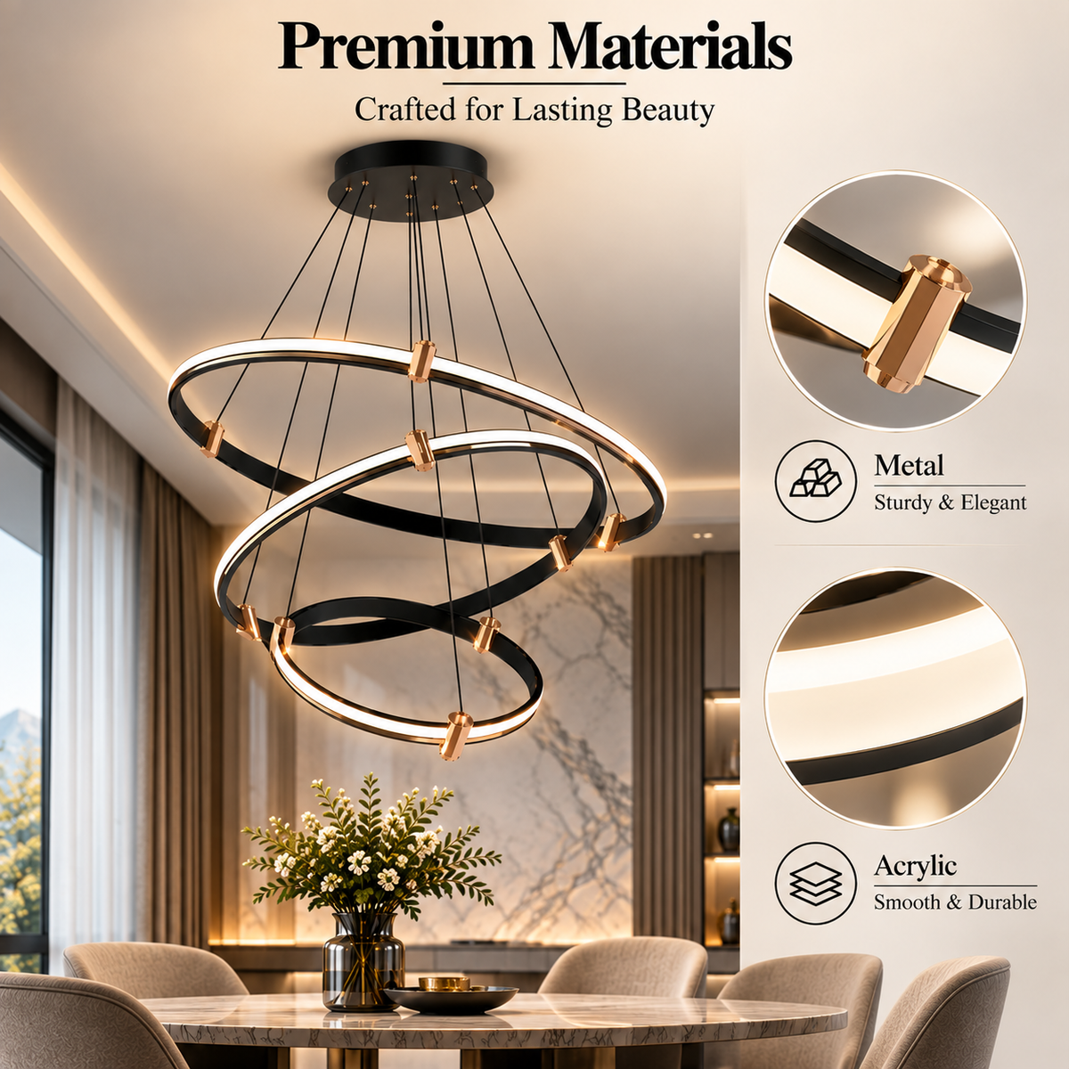 Candelabru LED negru cu 3 inele Ø40/60/80 cm, WiFi, telecomandă, reglabil