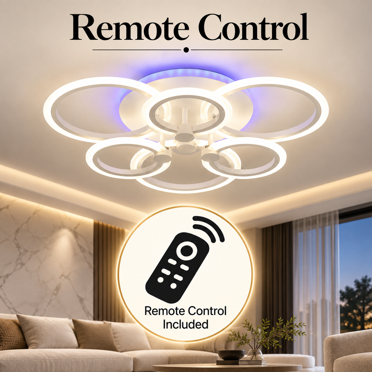 Plafonieră LED RGB cu 6 inele, dimabilă, Wi-Fi și telecomandă