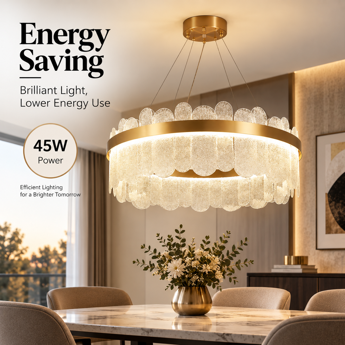 Candelabru LED auriu cu cristale, 45 W, Ø40 cm, 3 culori de lumină