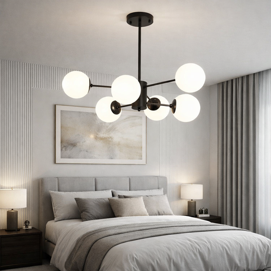 Plafonieră tip candelabru neagră, 6 socluri E27, design 3+3