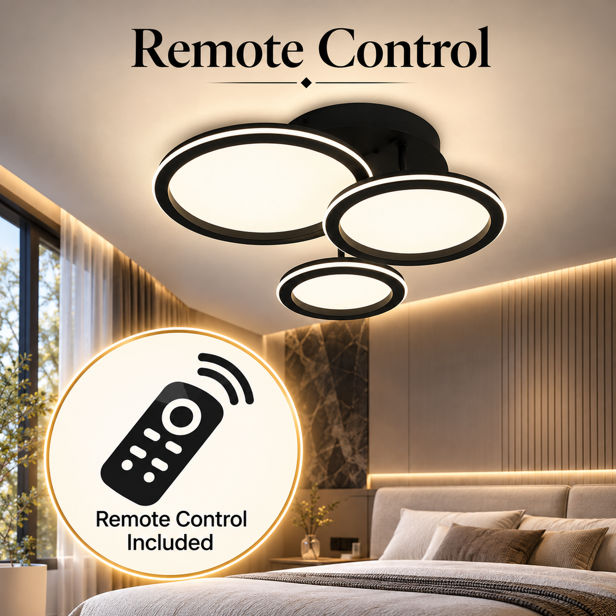 Plafonieră LED neagră dimabilă cu Wi-Fi și telecomandă, 5000 lm, 46×38 cm