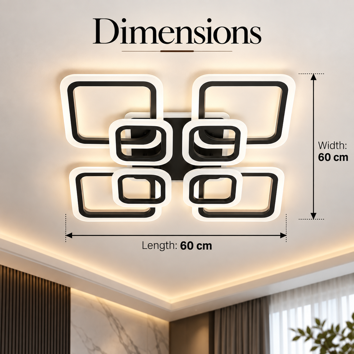 Plafonieră LED pătrată neagră, RGB, 8 surse, cu telecomandă, 60×60 cm