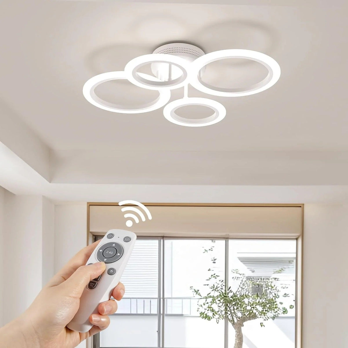 Plafonieră LED cu 4 cercuri, 72 W, albă, dimabilă, Wi-Fi și telecomandă