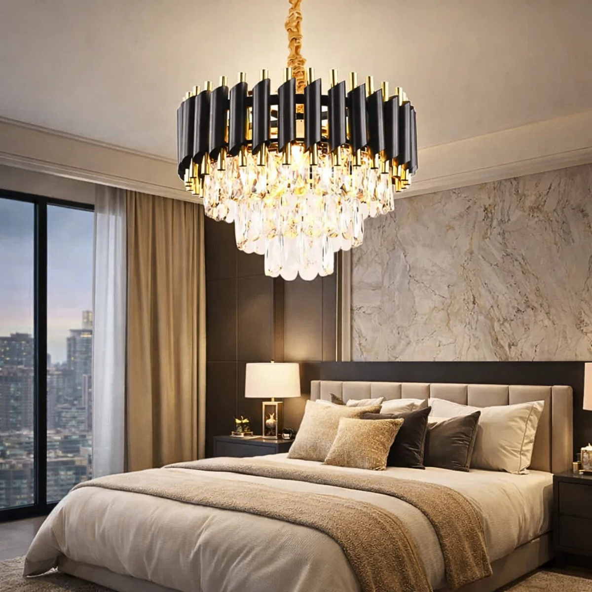 Candelabru cu 5 socluri E14 din metal și sticlă, Ø 50 cm, înălțime 50 cm