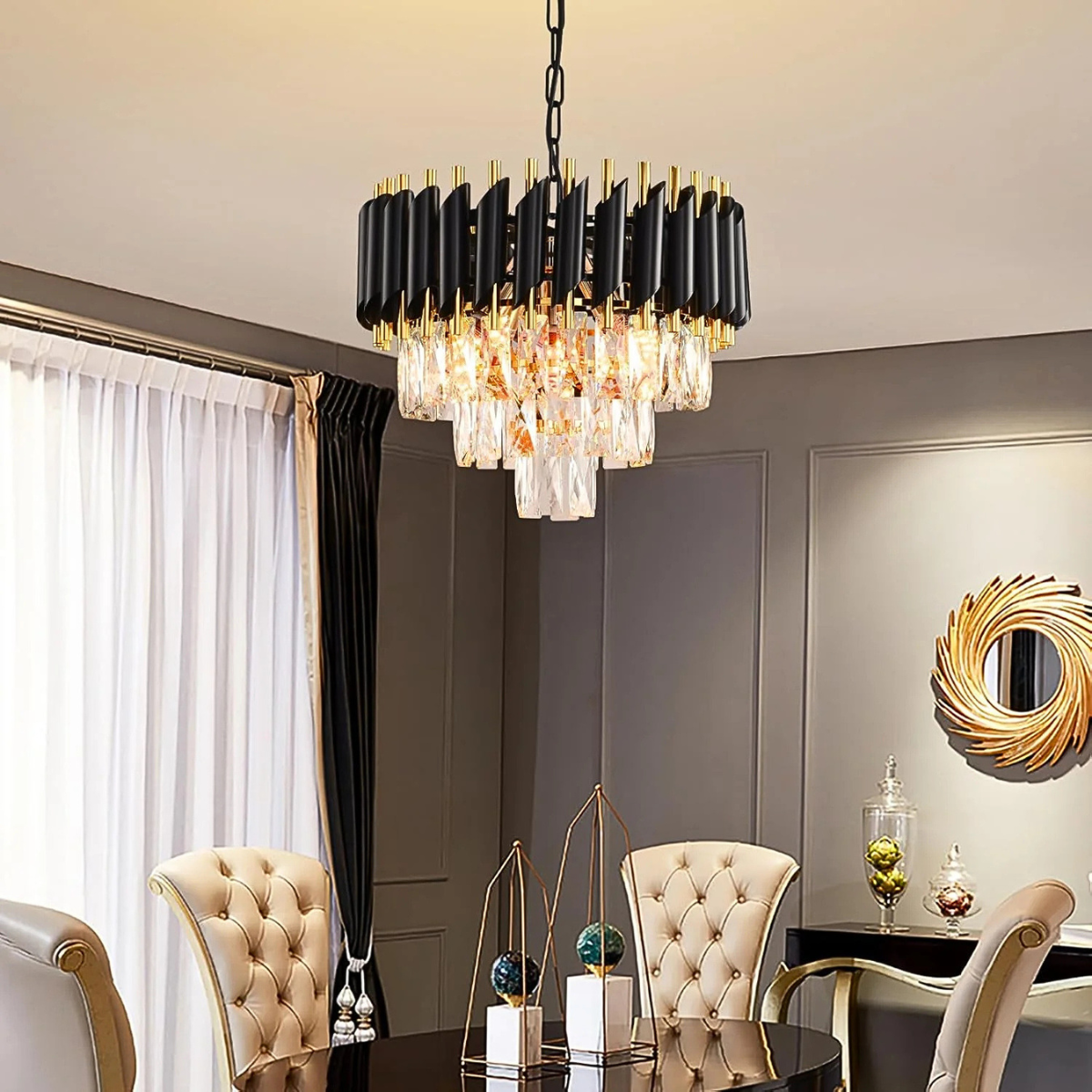 Candelabru cu 5 socluri E14 din metal și sticlă, Ø 50 cm, înălțime 50 cm