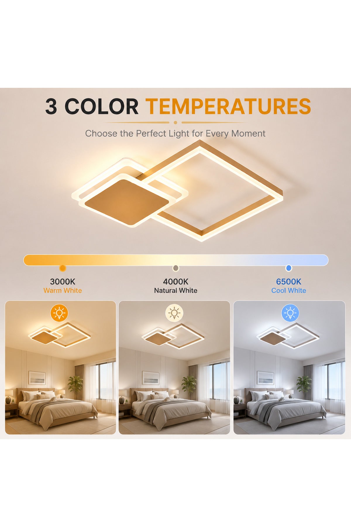 Plafonieră LED aurie, 48 W, dimabilă, Wi-Fi, telecomandă, 3 culori de lumină