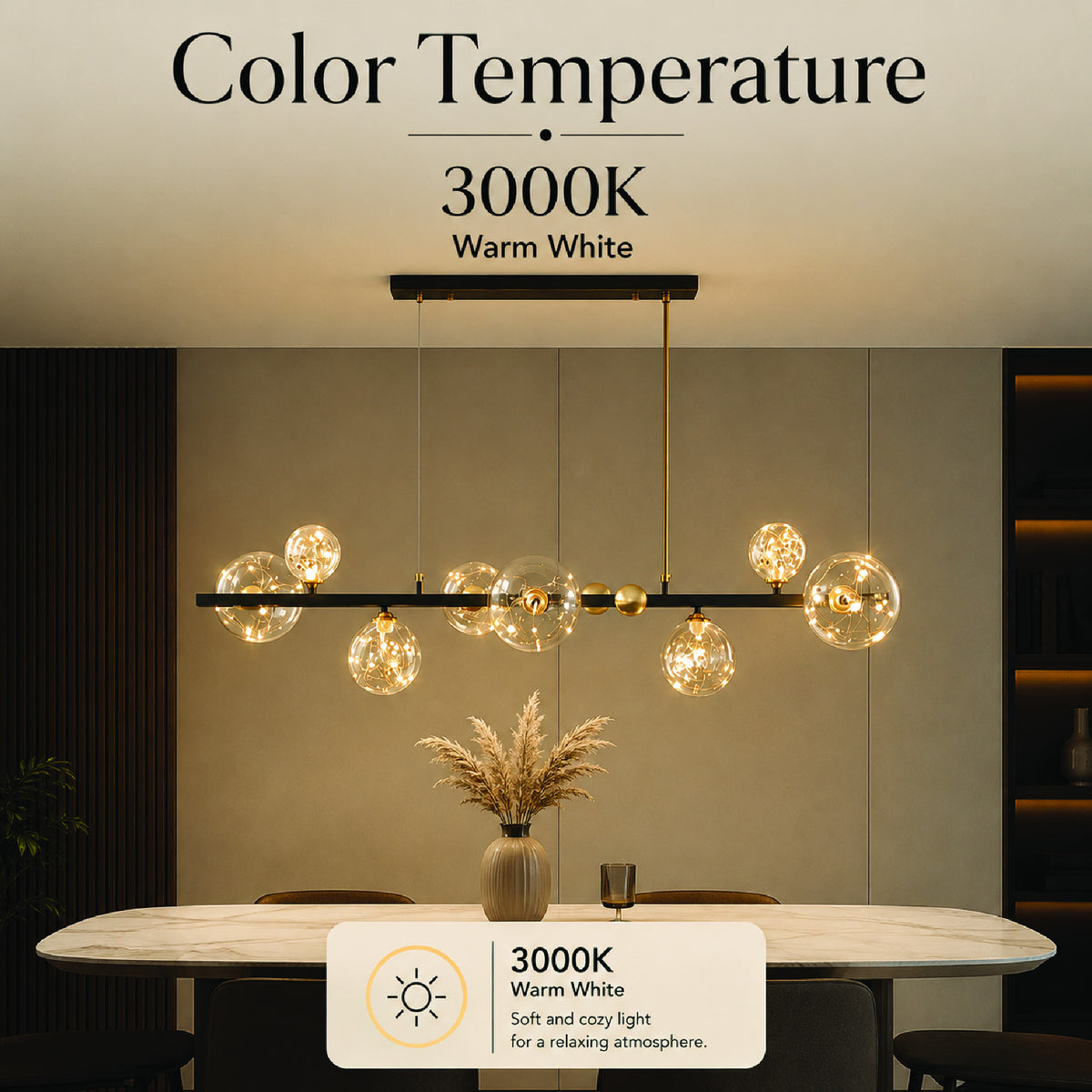Lustră LED cu 8 surse, 56 W, 3 temperaturi de culoare, 110 cm