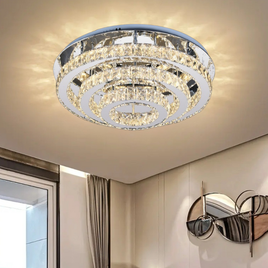 Plafonieră LED rotundă cu cristale, telecomandă, 3 culori, crom