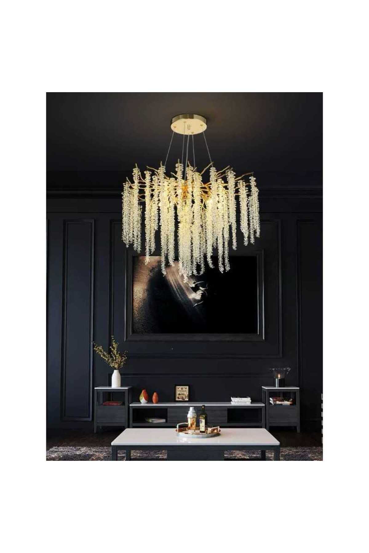 Candelabru auriu din metal și cristale, Ø60 cm, 9 x E14