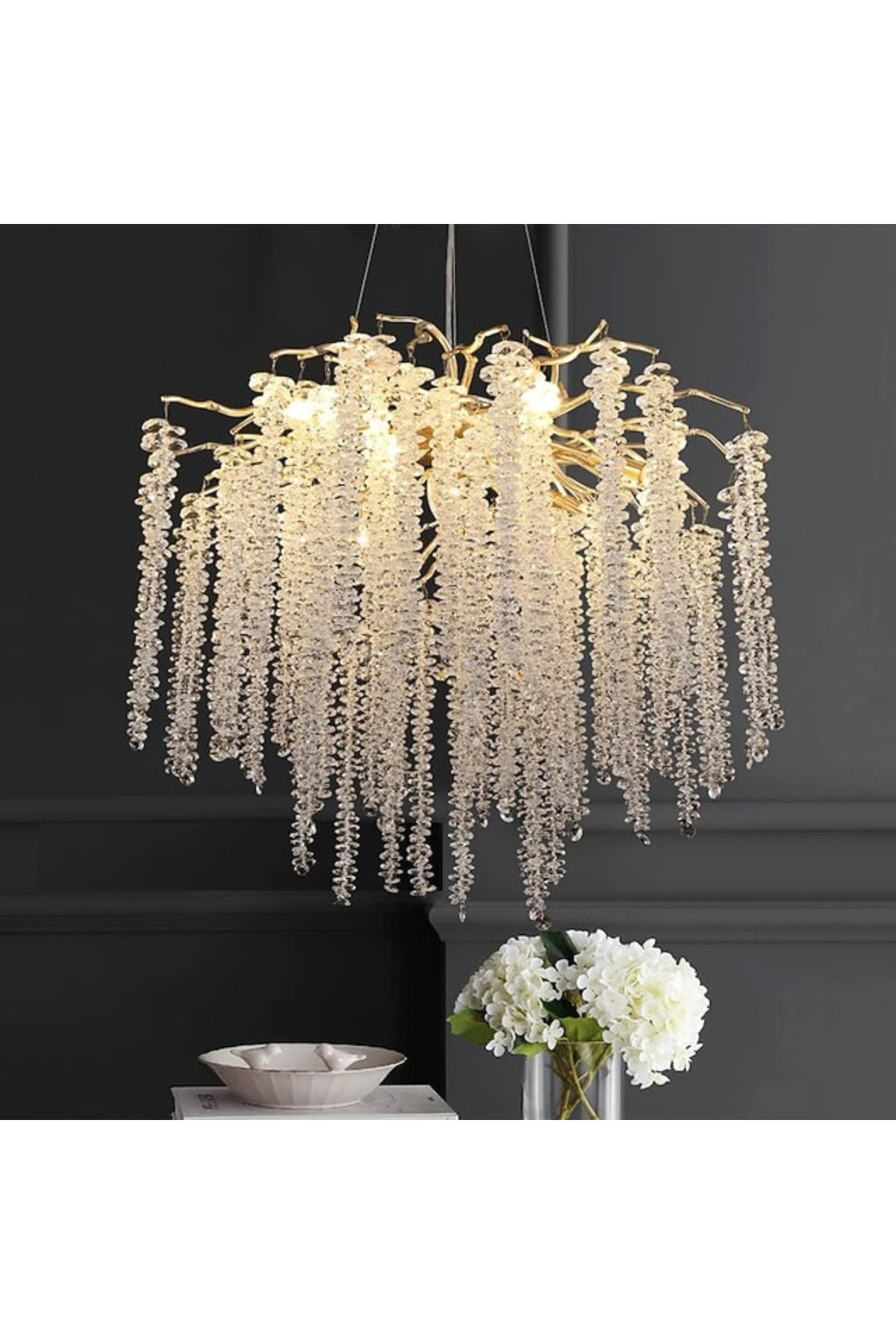Candelabru auriu din metal și cristale, Ø60 cm, 9 x E14