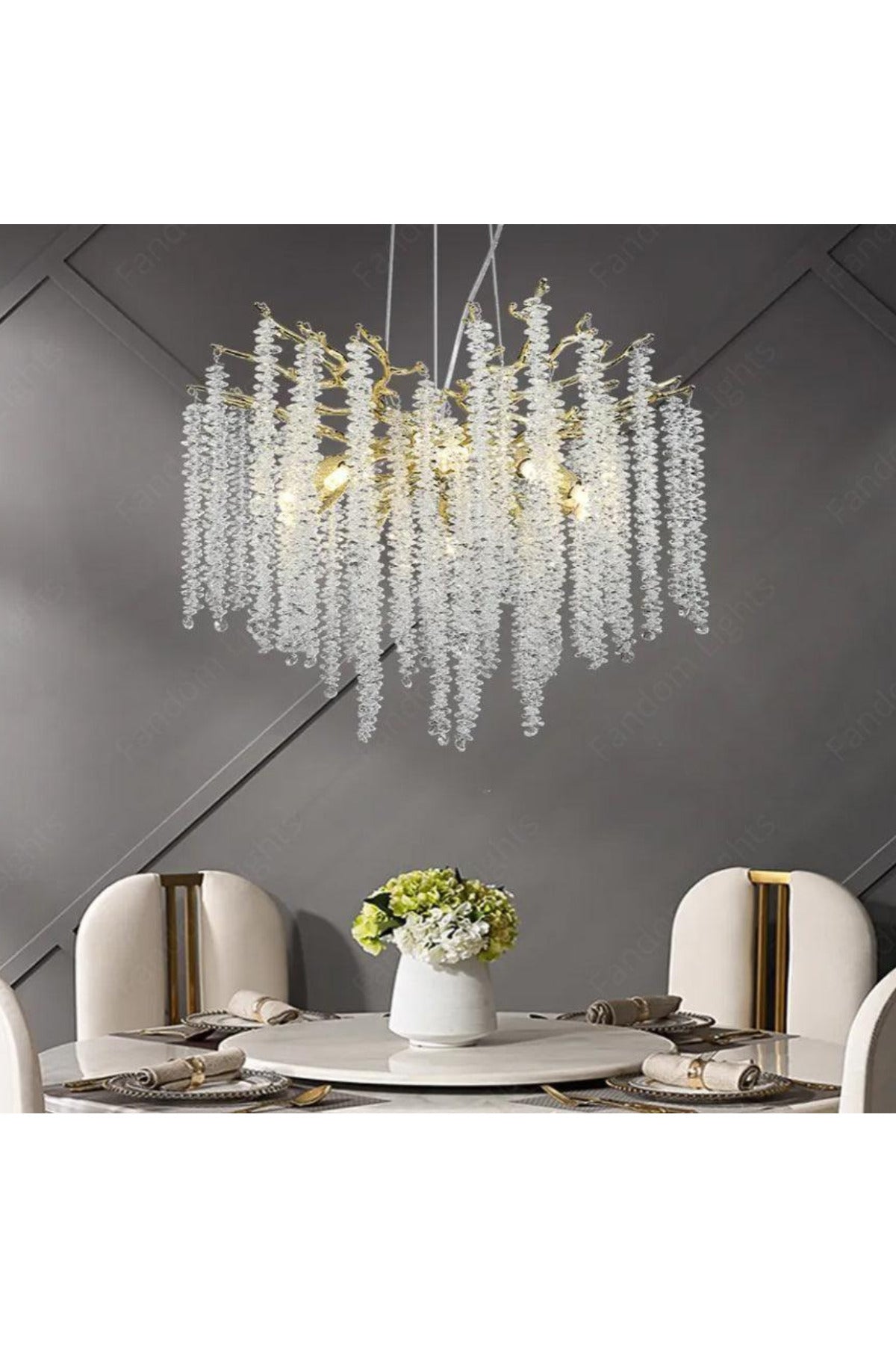 Candelabru auriu din metal și cristale, Ø60 cm, 9 x E14