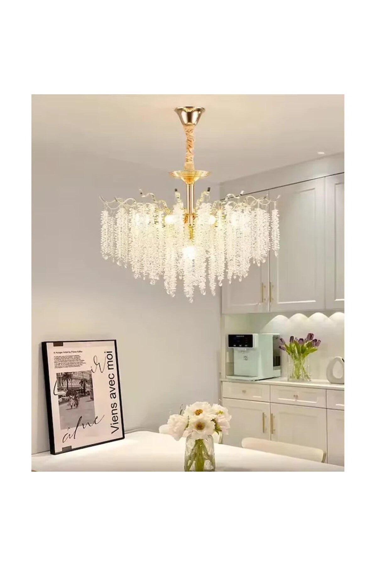 Candelabru auriu din metal și cristal, 7 x E14, Ø50 x 100 cm