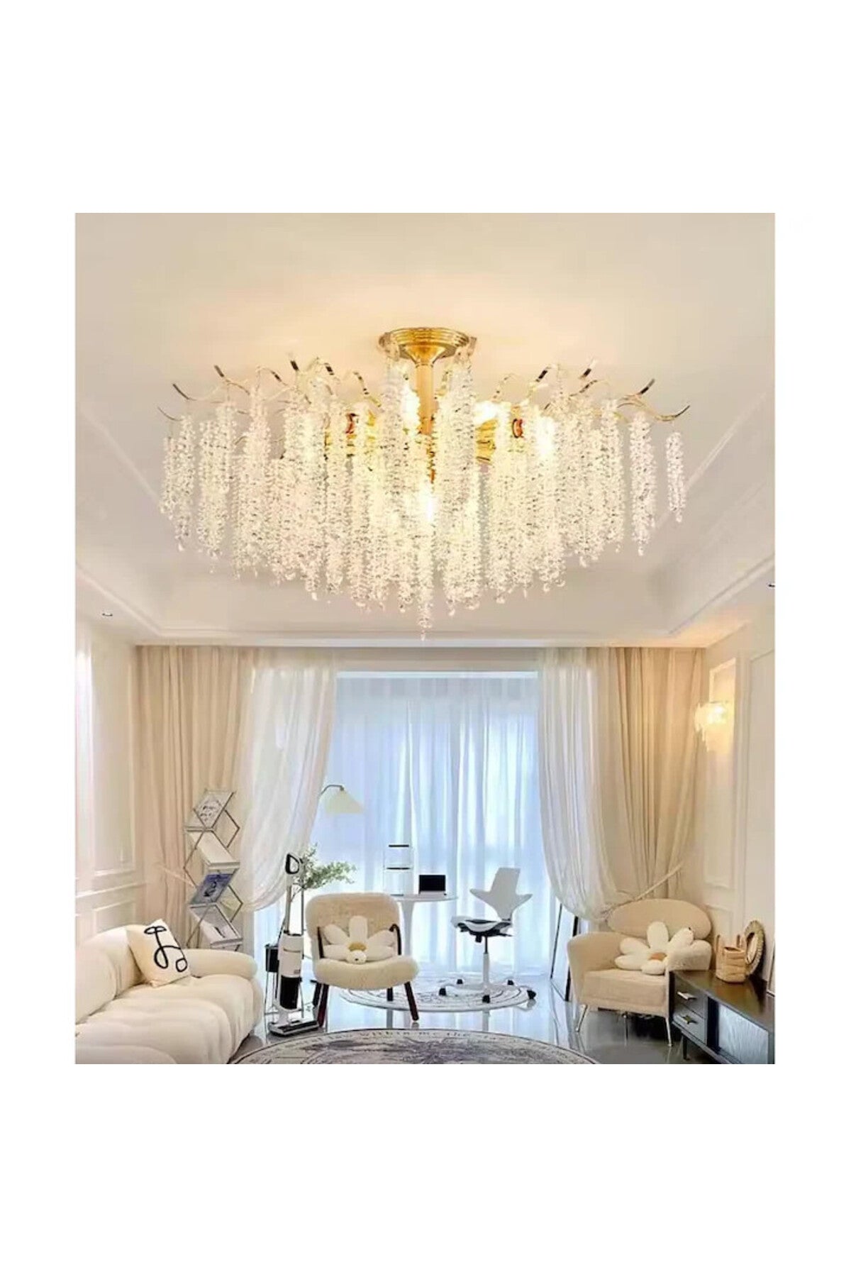 Candelabru auriu din metal și cristal, 7 x E14, Ø50 x 100 cm