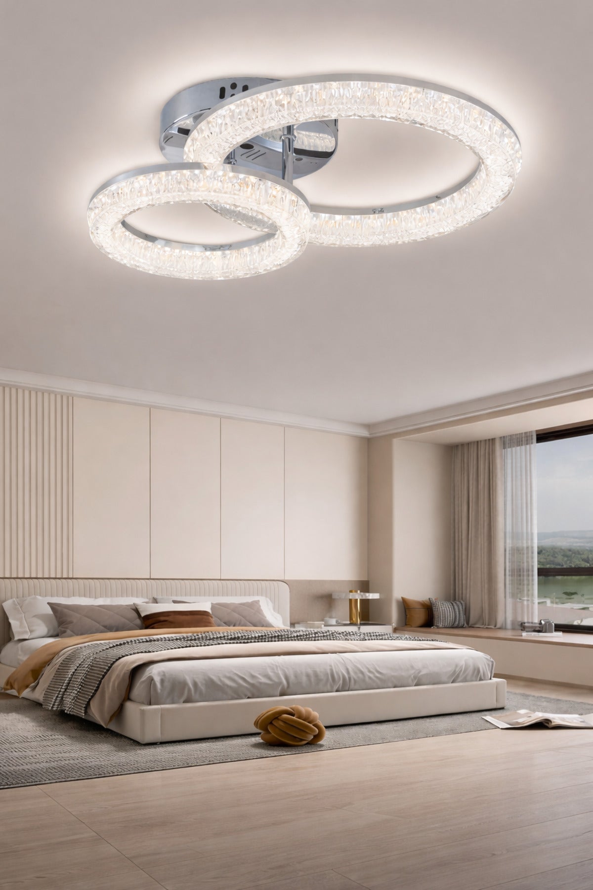 Plafonieră LED 80 W, 2 inele, dimabilă, 3 moduri, telecomandă, crom