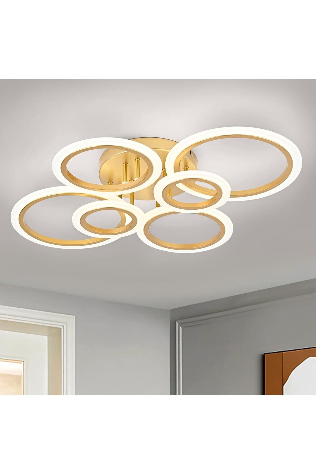 Plafonieră LED aurie, 6 inele, 100 W, 5300 lm, dimabilă, cu telecomandă