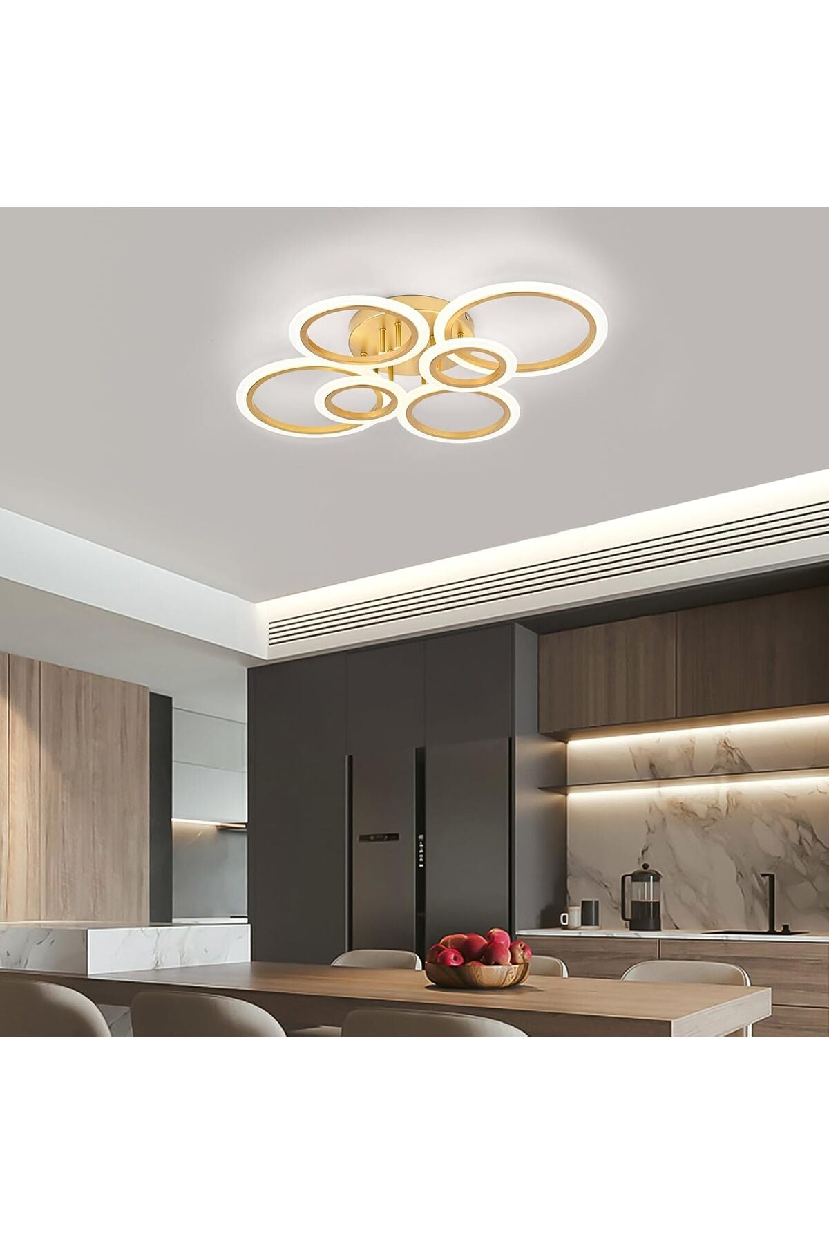 Plafonieră LED aurie, 6 inele, 100 W, 5300 lm, dimabilă, cu telecomandă
