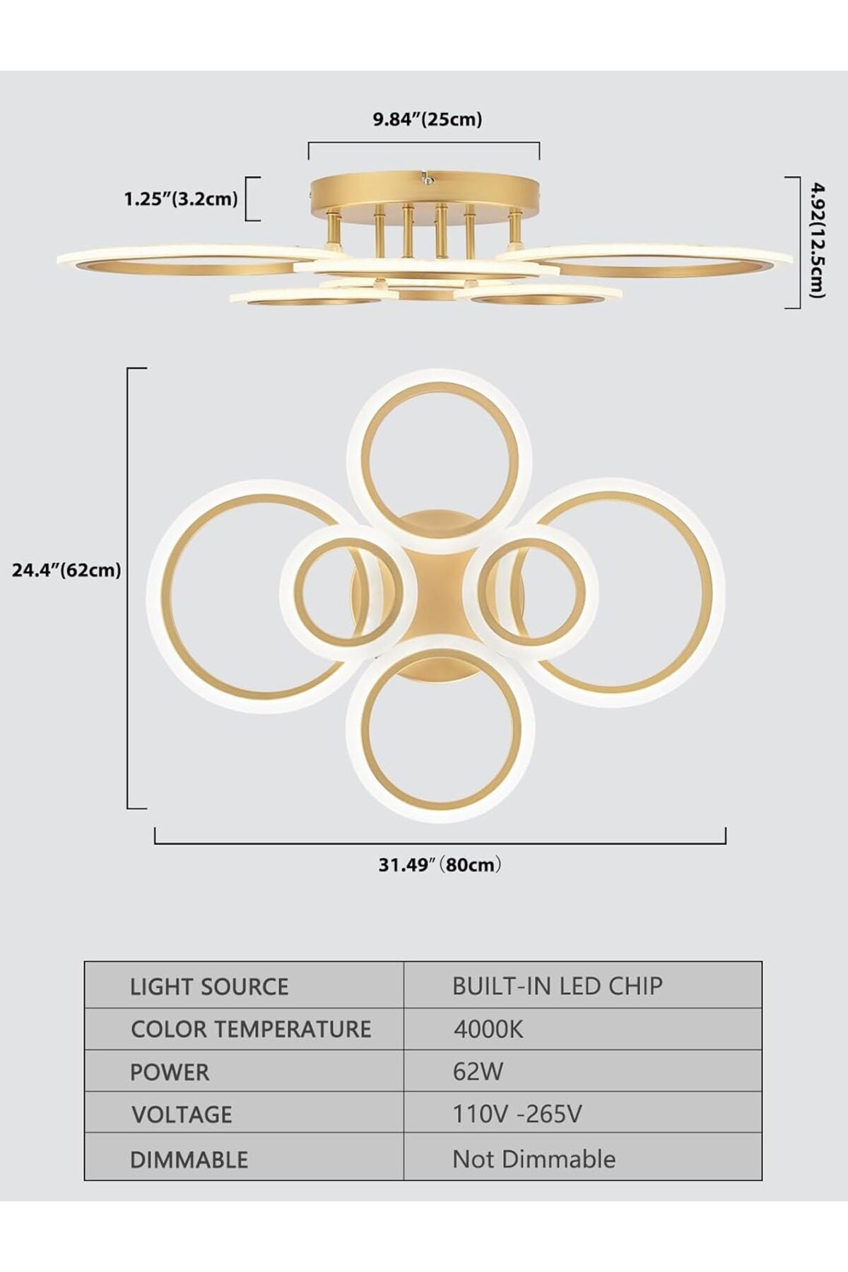 Plafonieră LED aurie, 6 inele, 100 W, 5300 lm, dimabilă, cu telecomandă