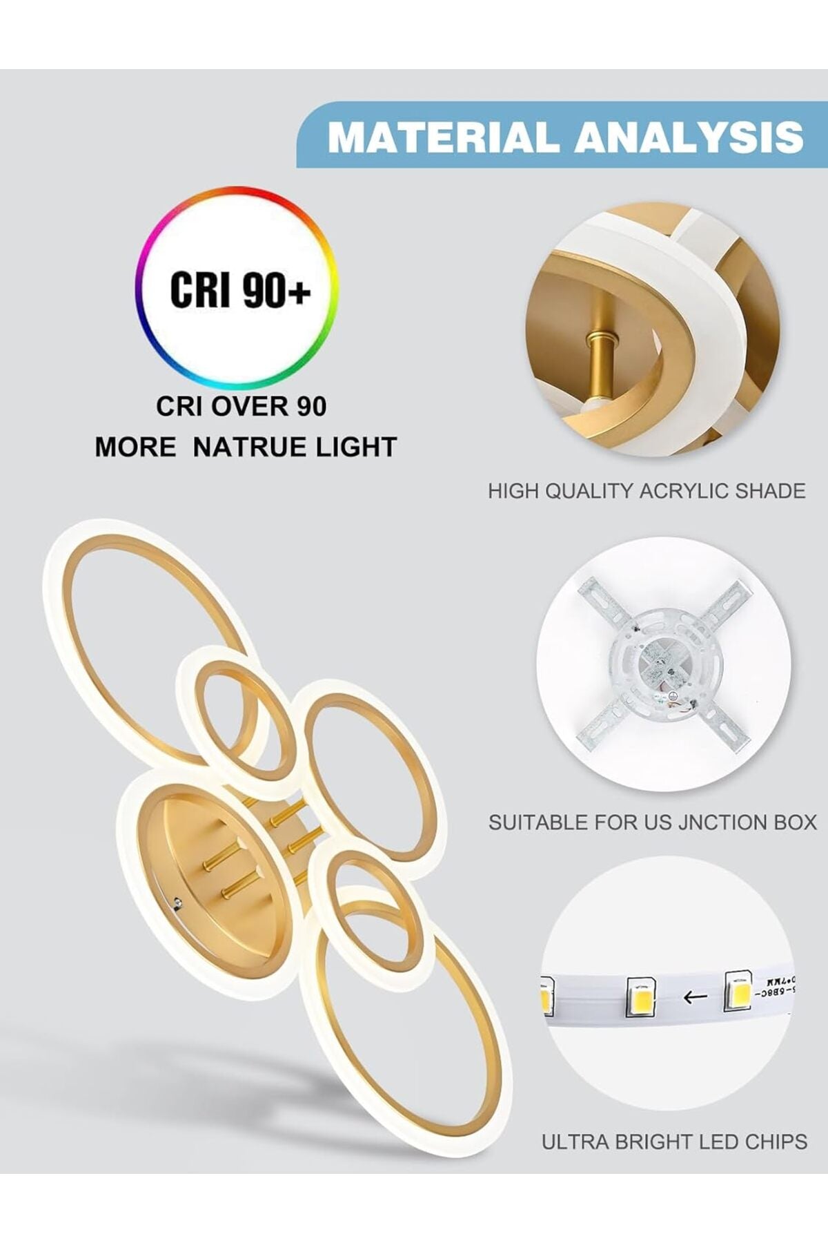 Plafonieră LED aurie, 6 inele, 100 W, 5300 lm, dimabilă, cu telecomandă