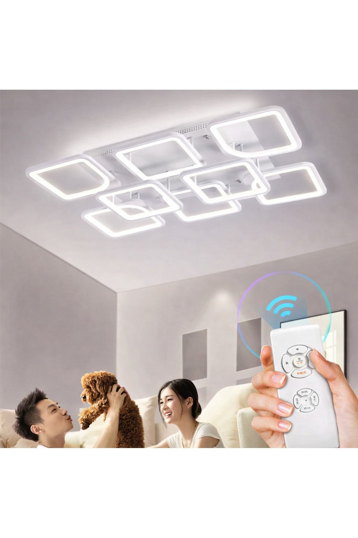 Plafonieră LED pătrată, cu 8 elemente, telecomandă și lumină reglabilă, albă