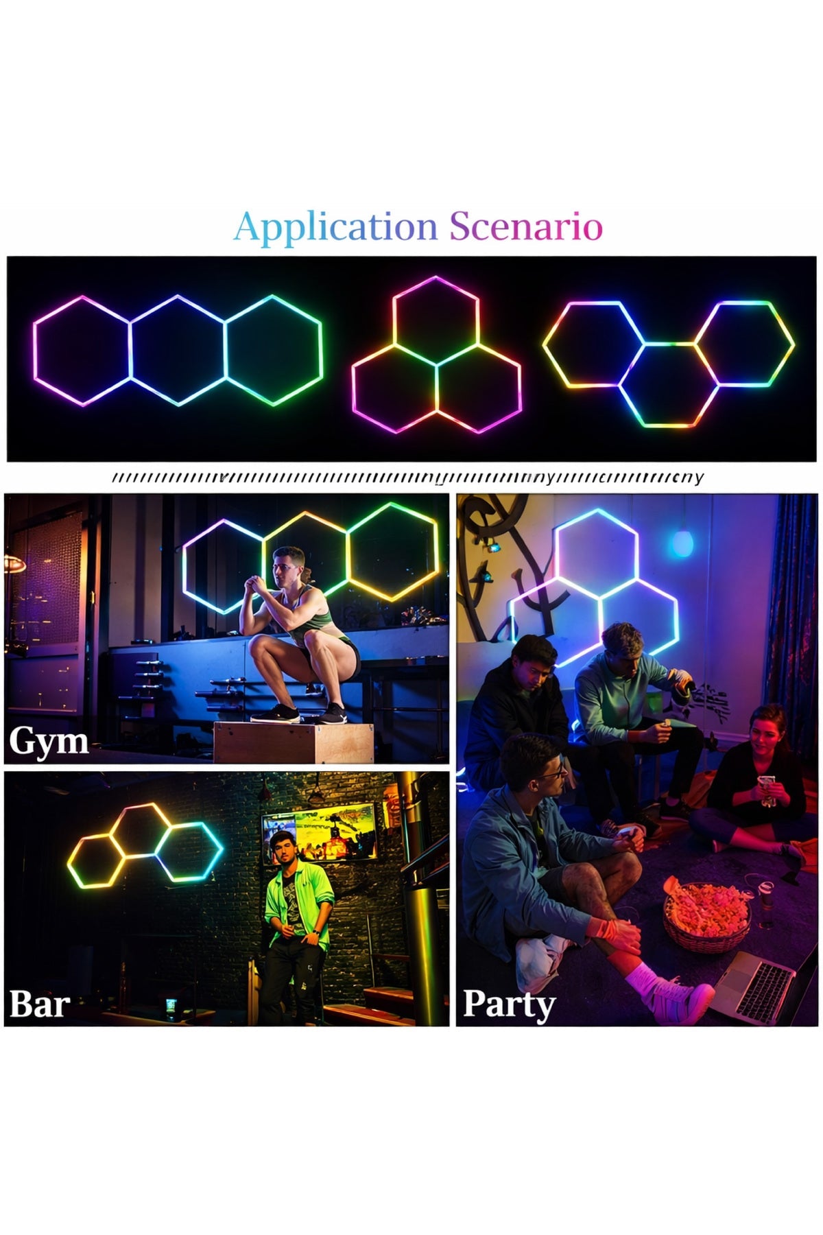 Kit LED hexagonal RGB, 250 × 100 cm, cu telecomandă și aplicație