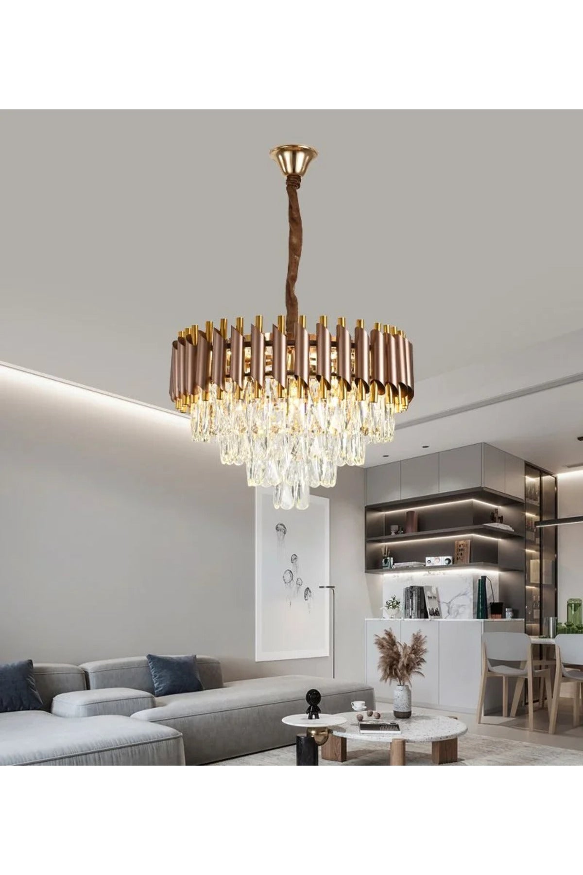 Plafonieră candelabru din cristal și metal, maro cafea, 40 × 40 cm, E27