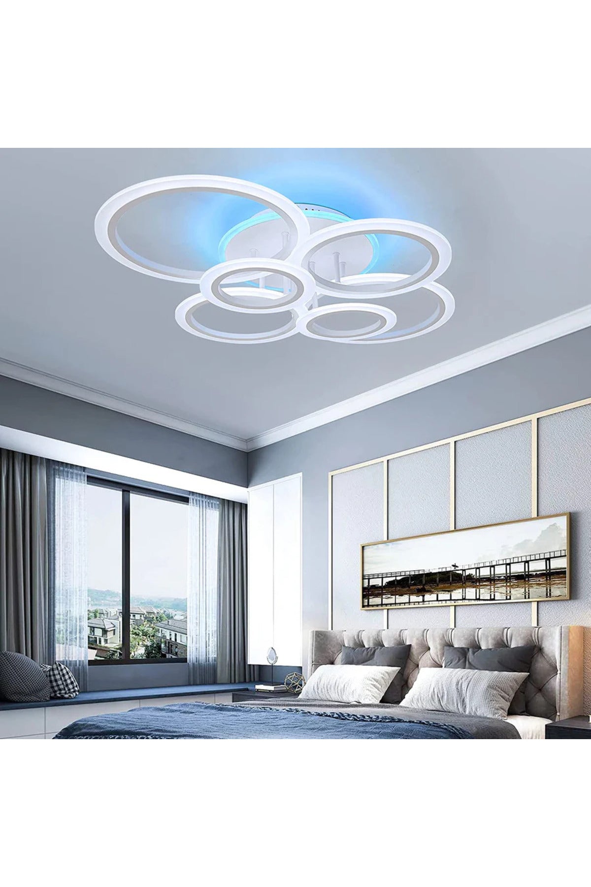 Plafonieră LED RGB cu 6 inele, dimabilă, cu telecomandă, 6500 lm, 80 × 60 cm