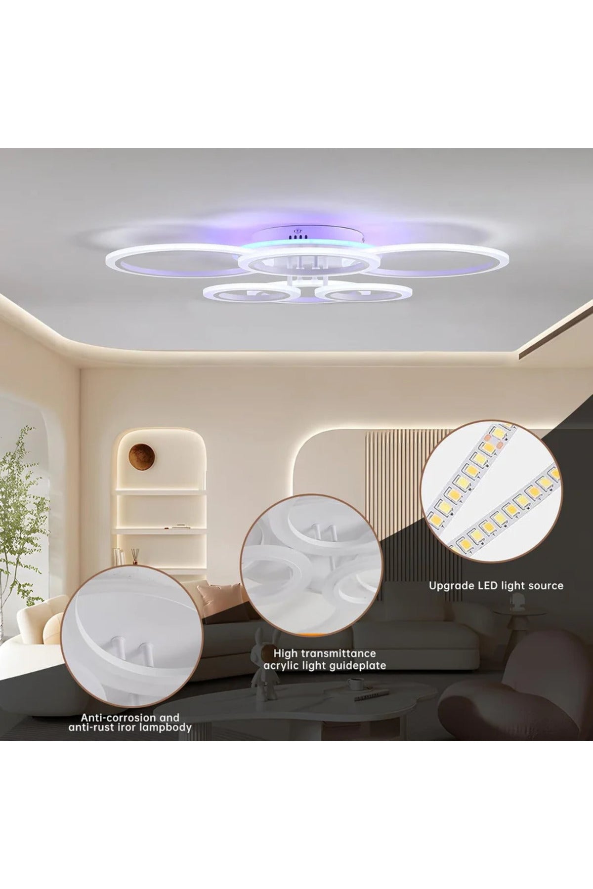 Plafonieră LED RGB cu 6 inele, dimabilă, cu telecomandă, 6500 lm, 80 × 60 cm