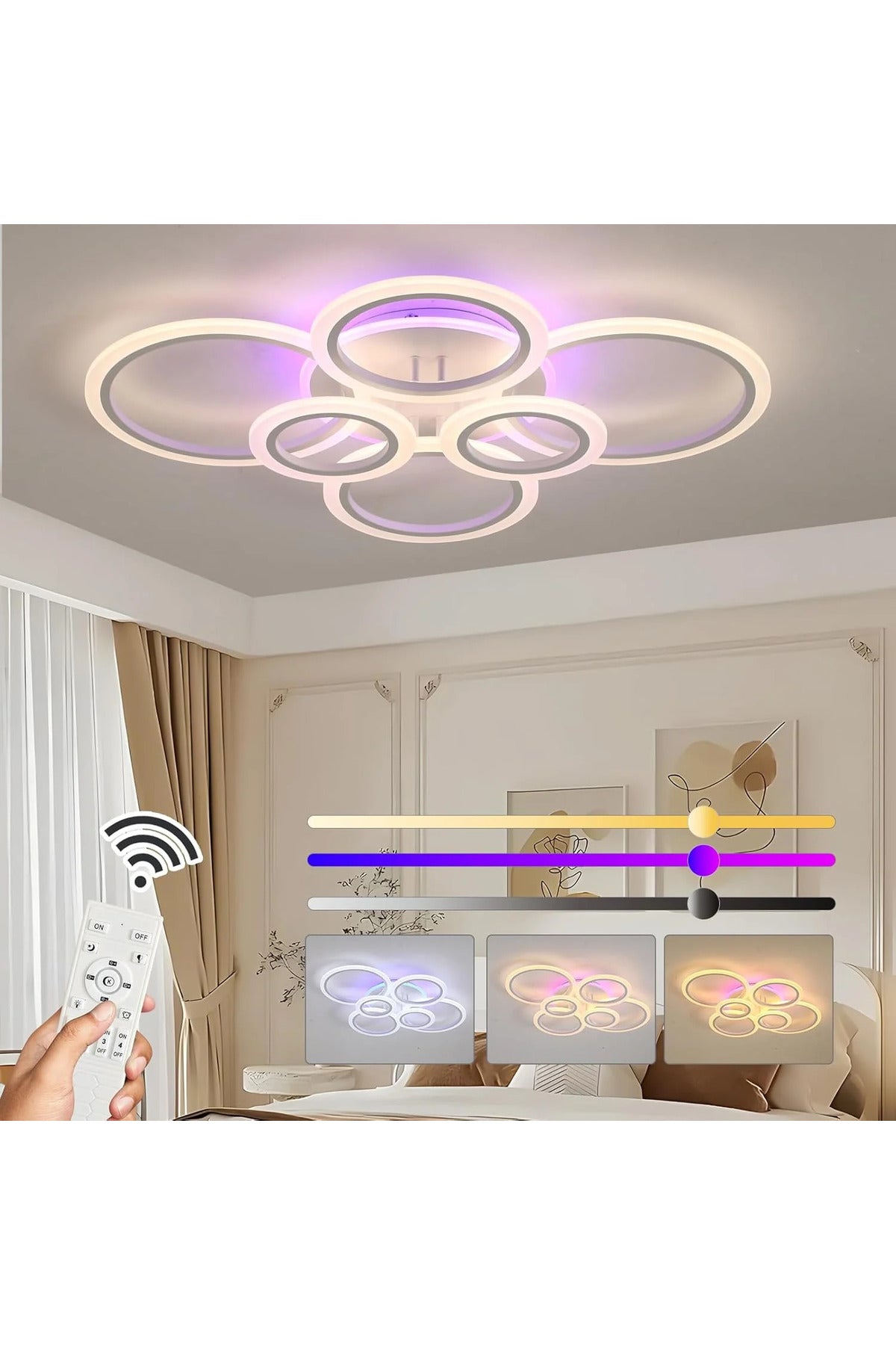 Plafonieră LED RGB cu 6 inele, dimabilă, cu telecomandă, 6500 lm, 80 × 60 cm