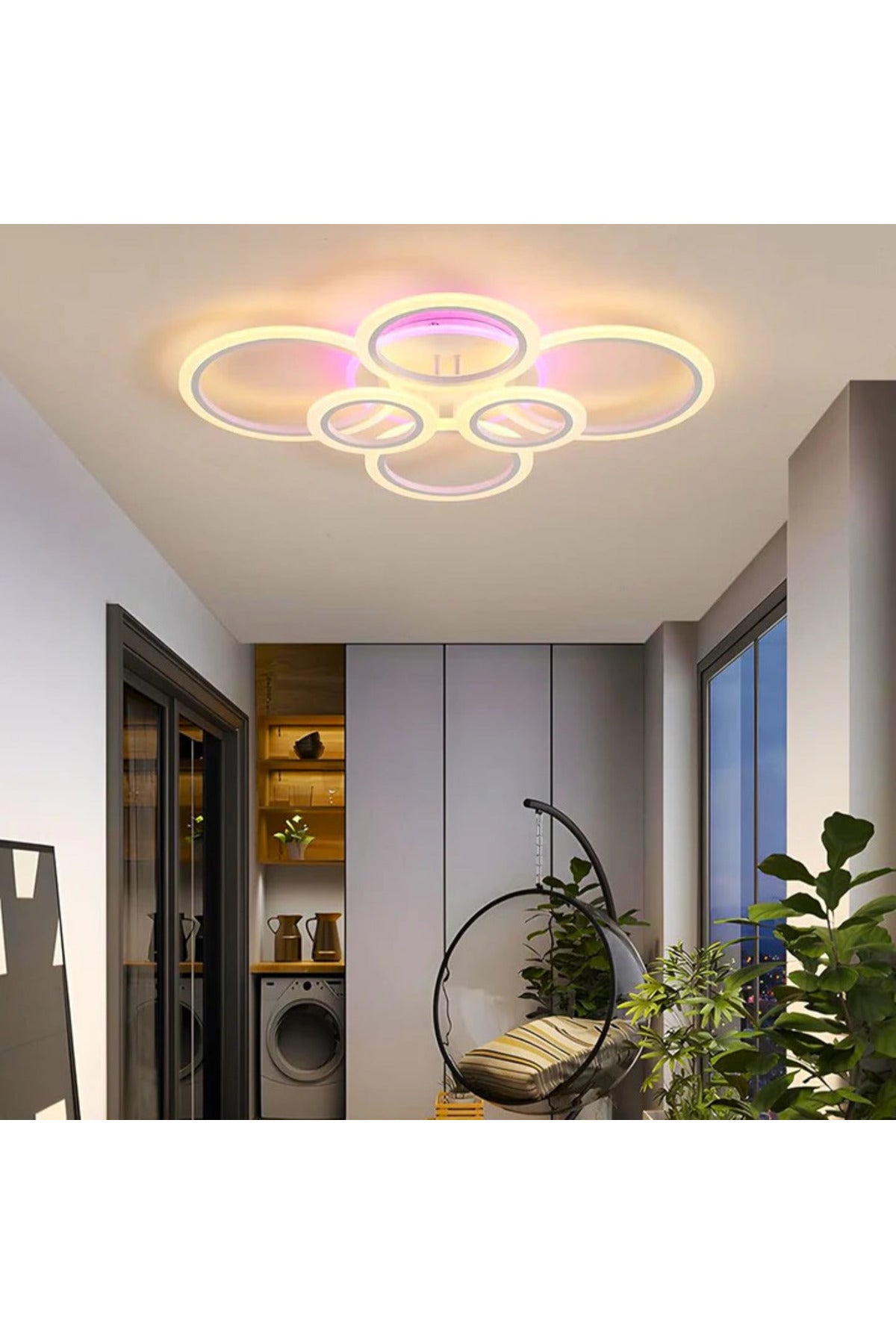 Plafonieră LED RGB cu 6 inele, dimabilă, cu telecomandă, 6500 lm, 80 × 60 cm