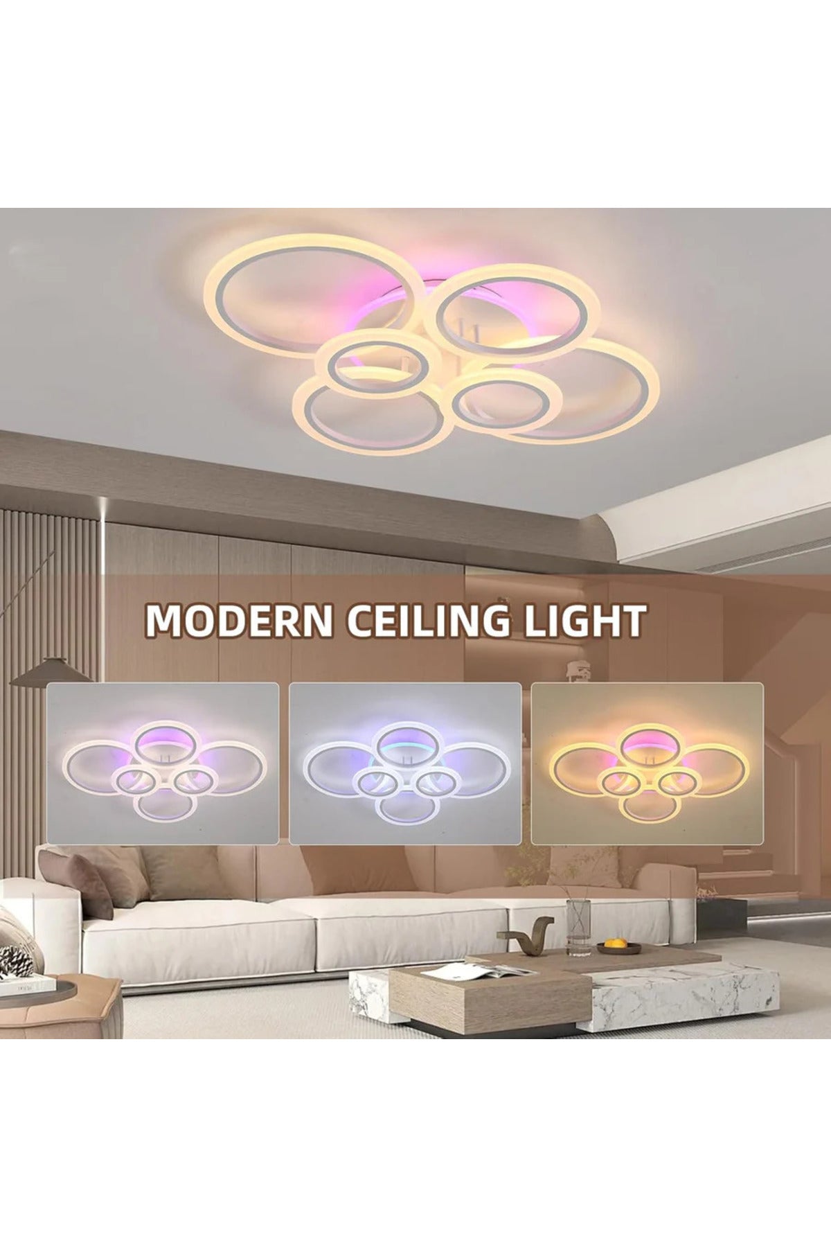 Plafonieră LED RGB cu 6 inele, dimabilă, cu telecomandă, 6500 lm, 80 × 60 cm