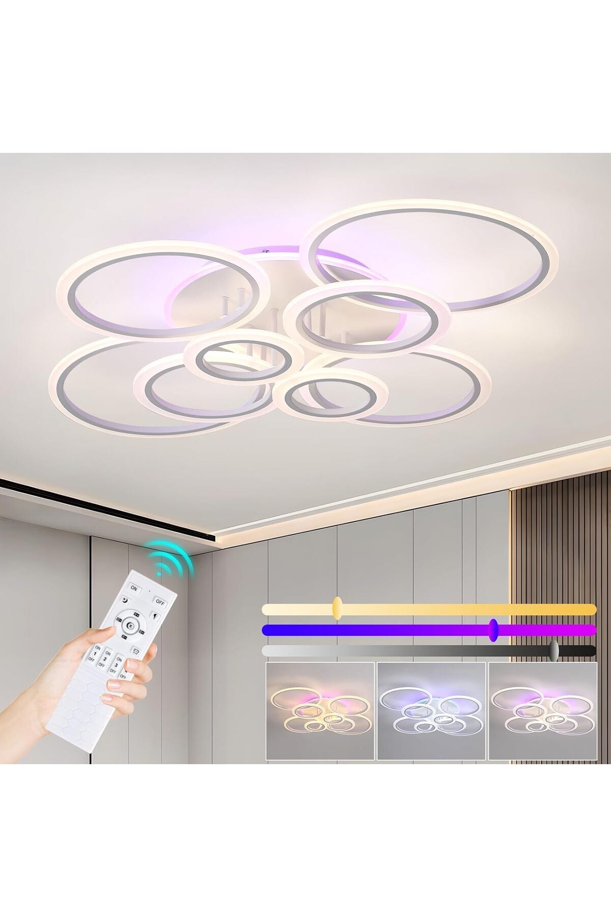Plafonieră LED cu 8 inele, 80 W, dimabilă, telecomandă, 3000–6000 K