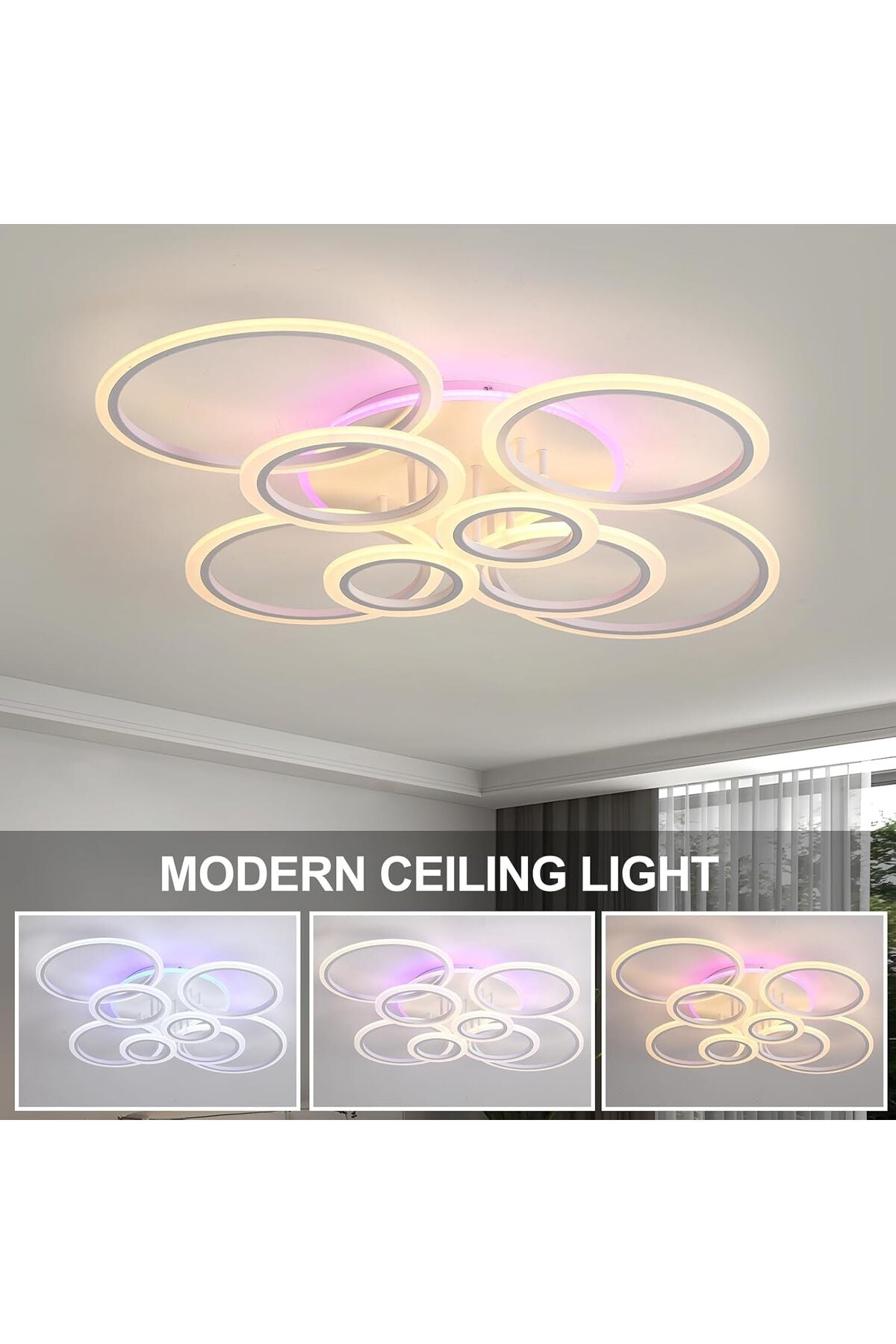 Plafonieră LED cu 8 inele, 80 W, dimabilă, telecomandă, 3000–6000 K