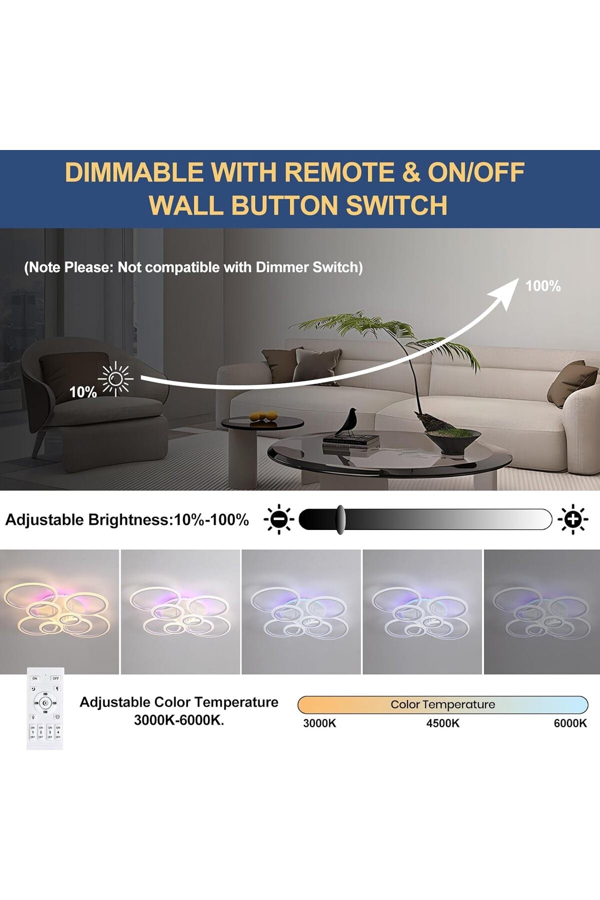 Plafonieră LED cu 8 inele, 80 W, dimabilă, telecomandă, 3000–6000 K
