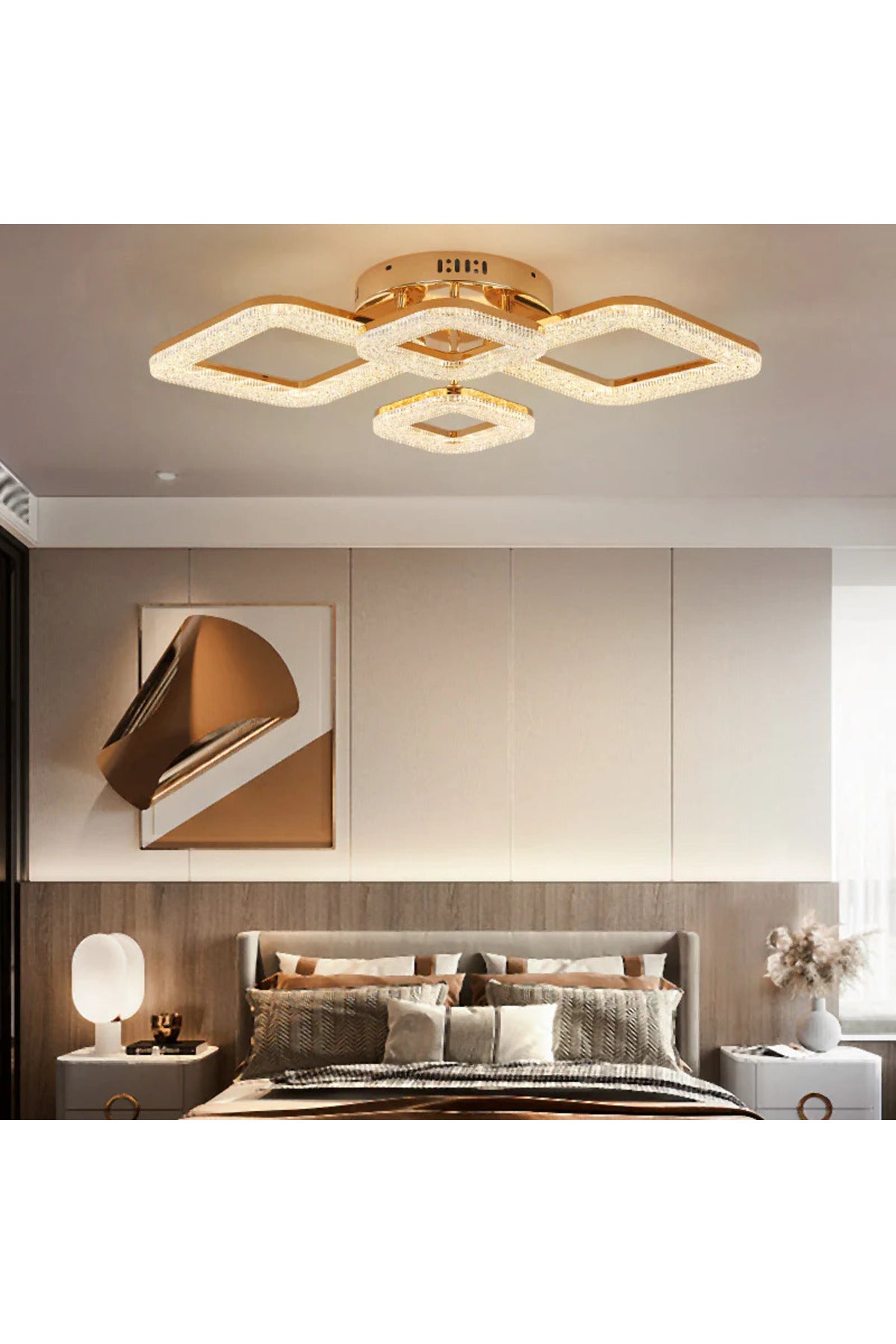 Plafonieră LED aurie, 96 W, dimabilă cu telecomandă, 67 × 47 cm