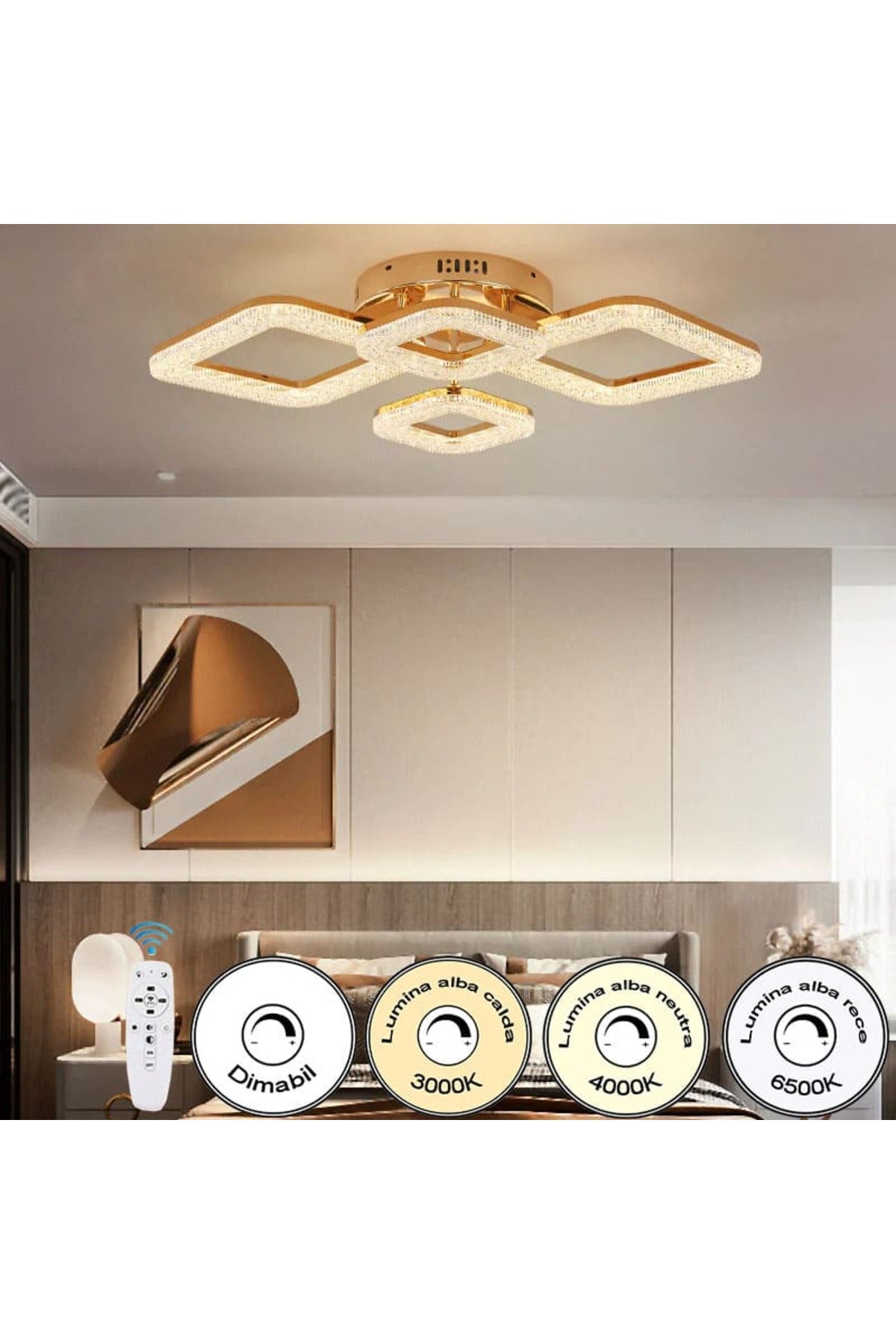 Plafonieră LED aurie, 96 W, dimabilă cu telecomandă, 67 × 47 cm