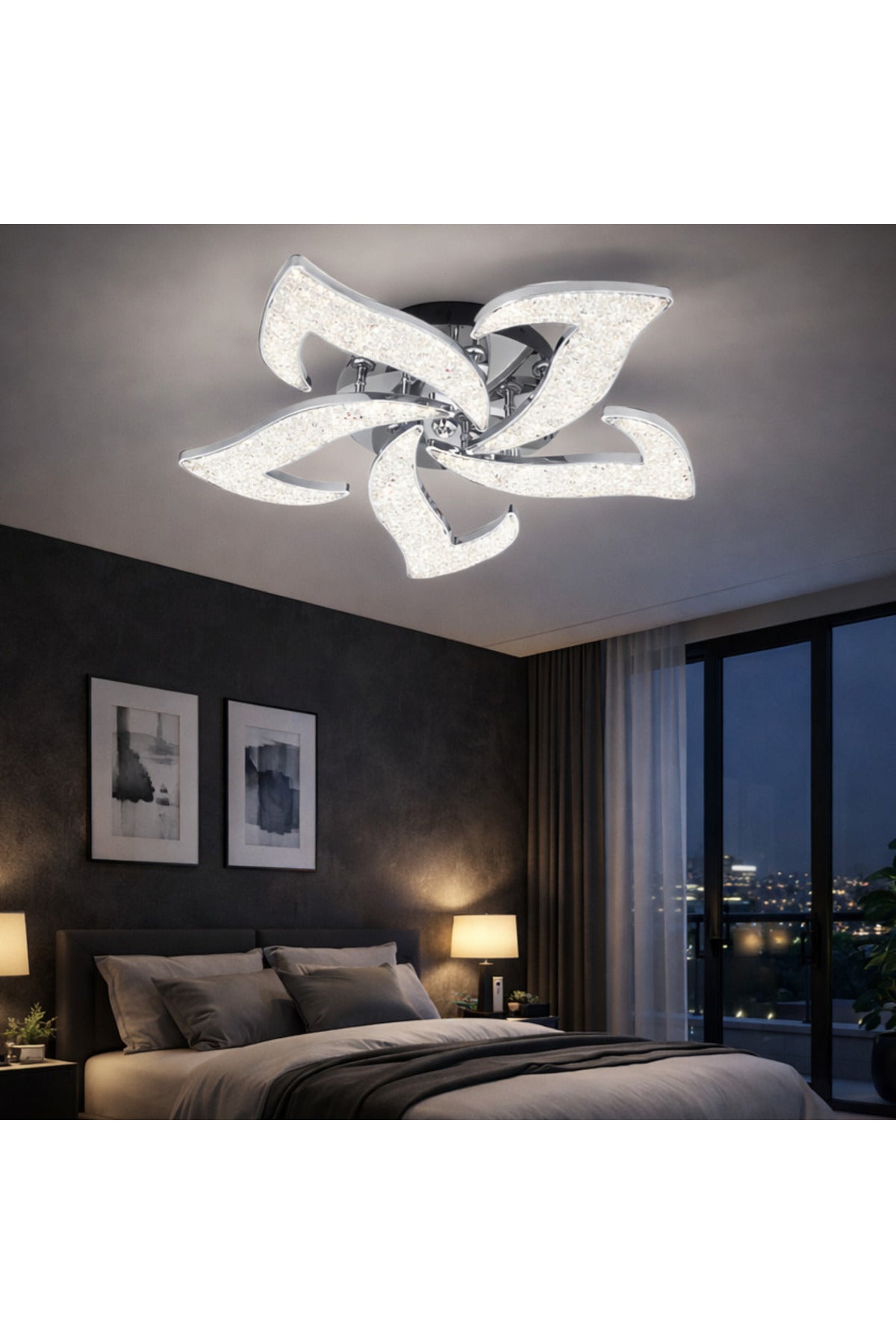 Candelabru LED de tavan cu cristale, crom, 5 lumini, RGB și telecomandă
