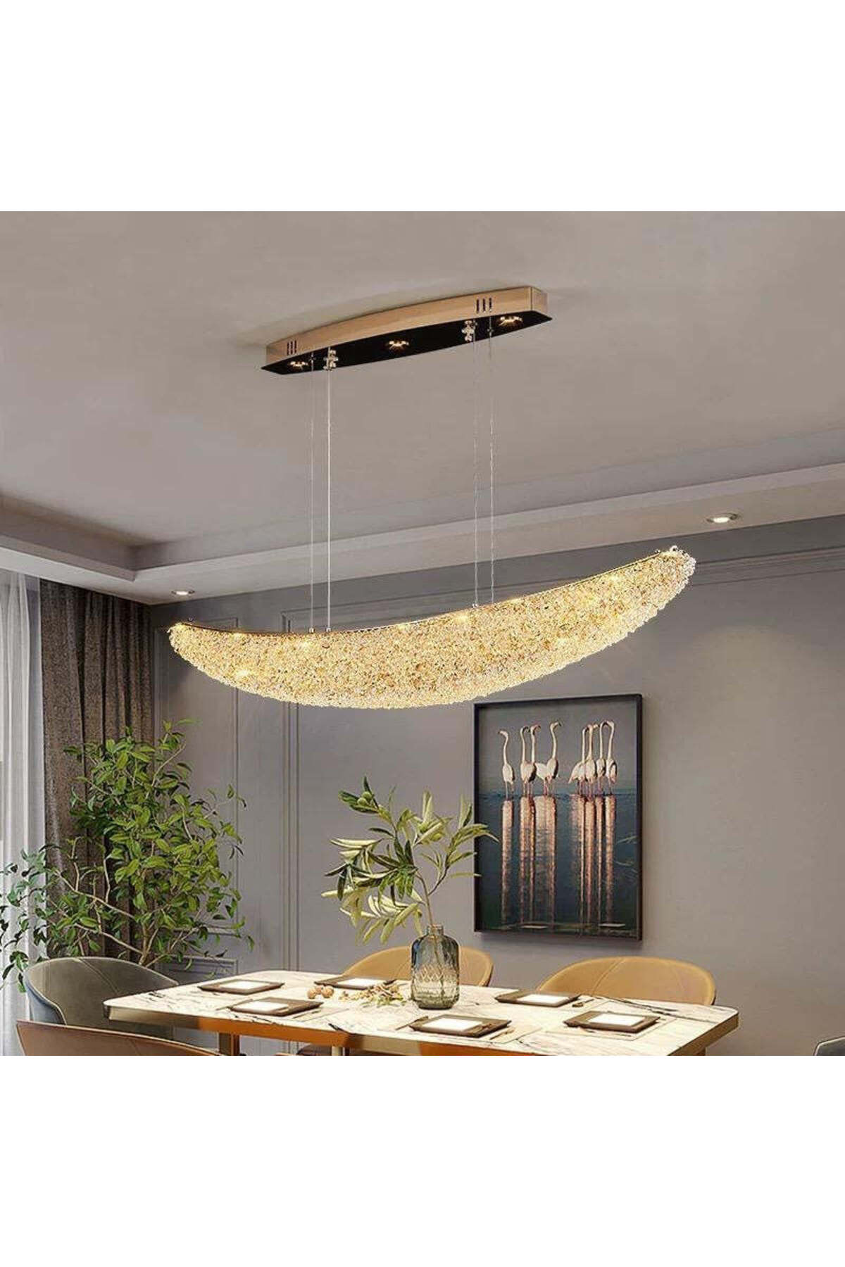 Candelabru LED suspendat auriu cu cristale, 80+20 cm, cu telecomandă
