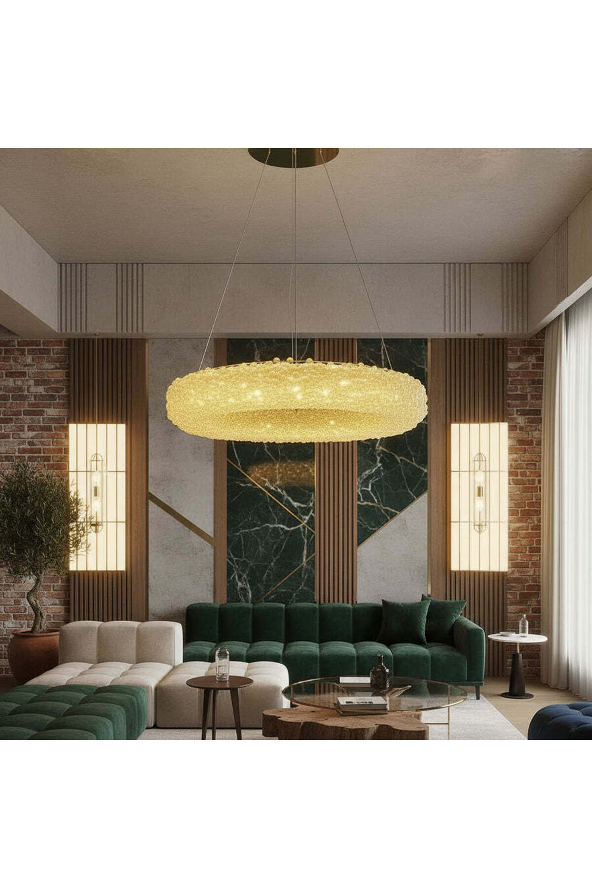 Lustră LED suspendată aurie cu cristale acrilice, design modern