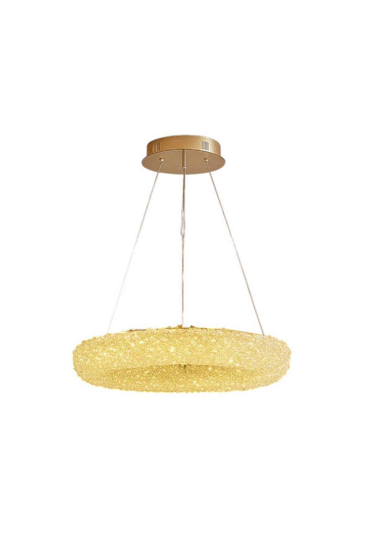 Lustră LED suspendată aurie cu cristale acrilice, design modern
