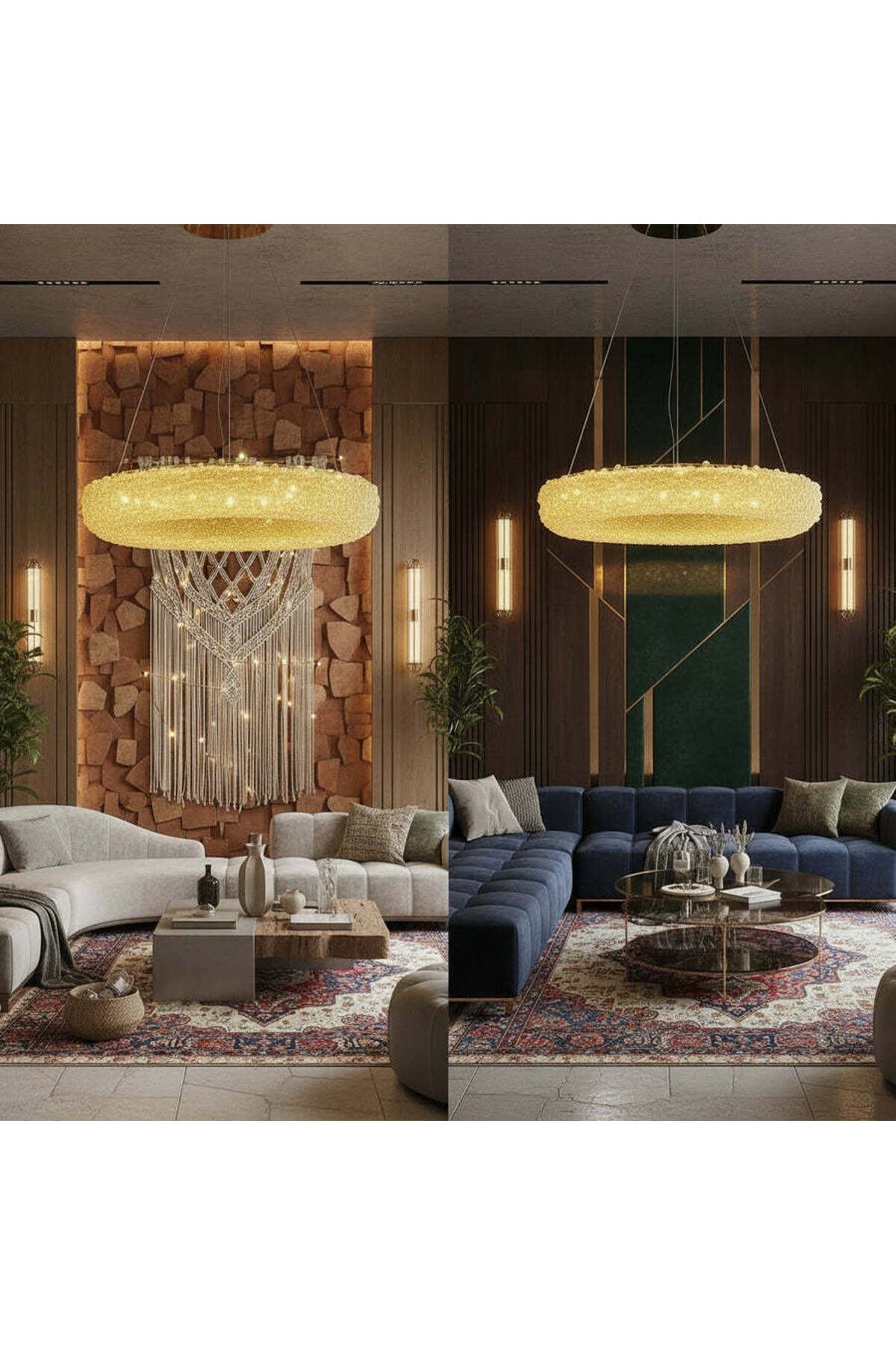 Lustră LED suspendată aurie cu cristale din acril, design modern