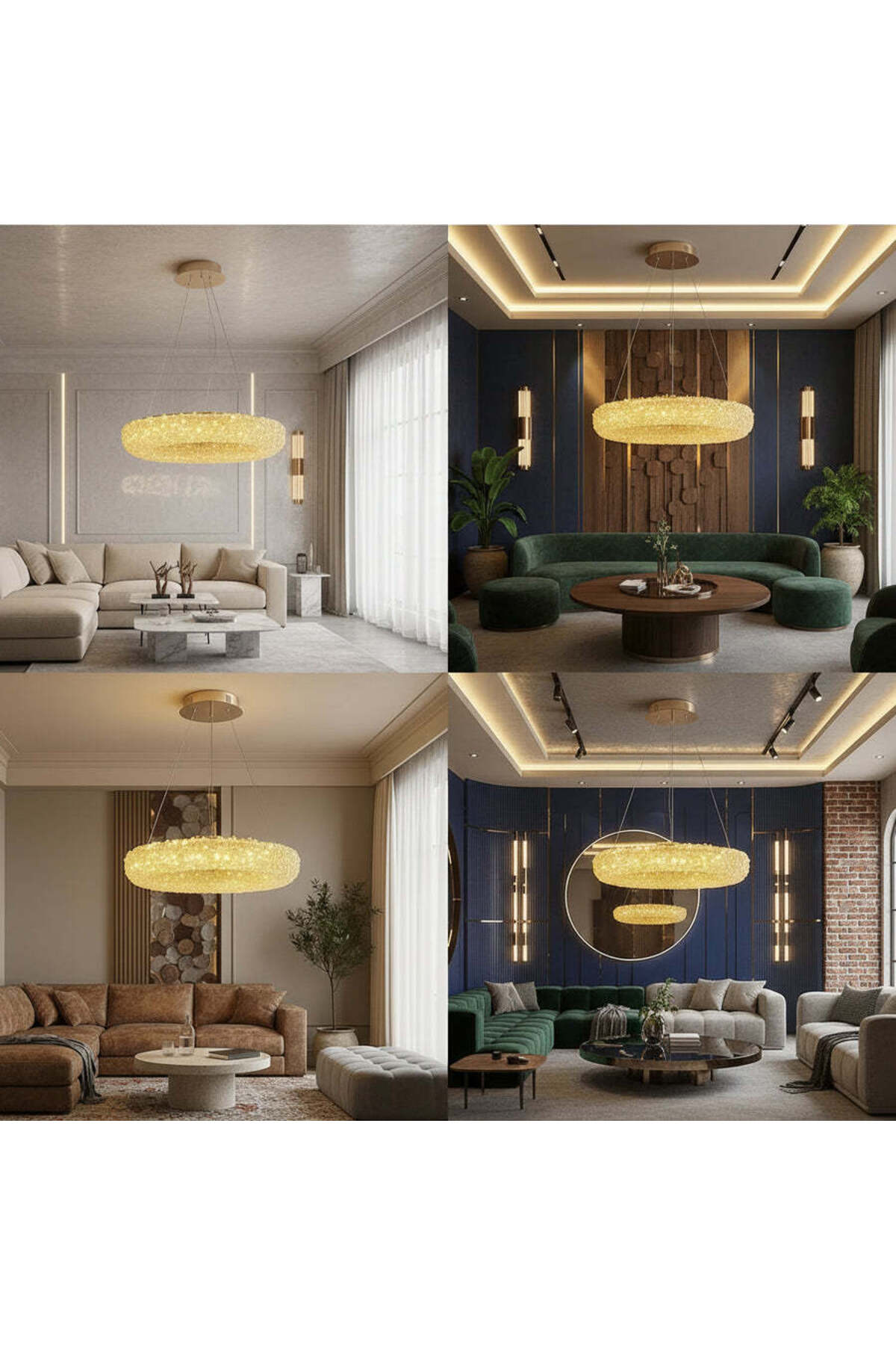 Lustră LED suspendată aurie cu cristale acrilice, design modern