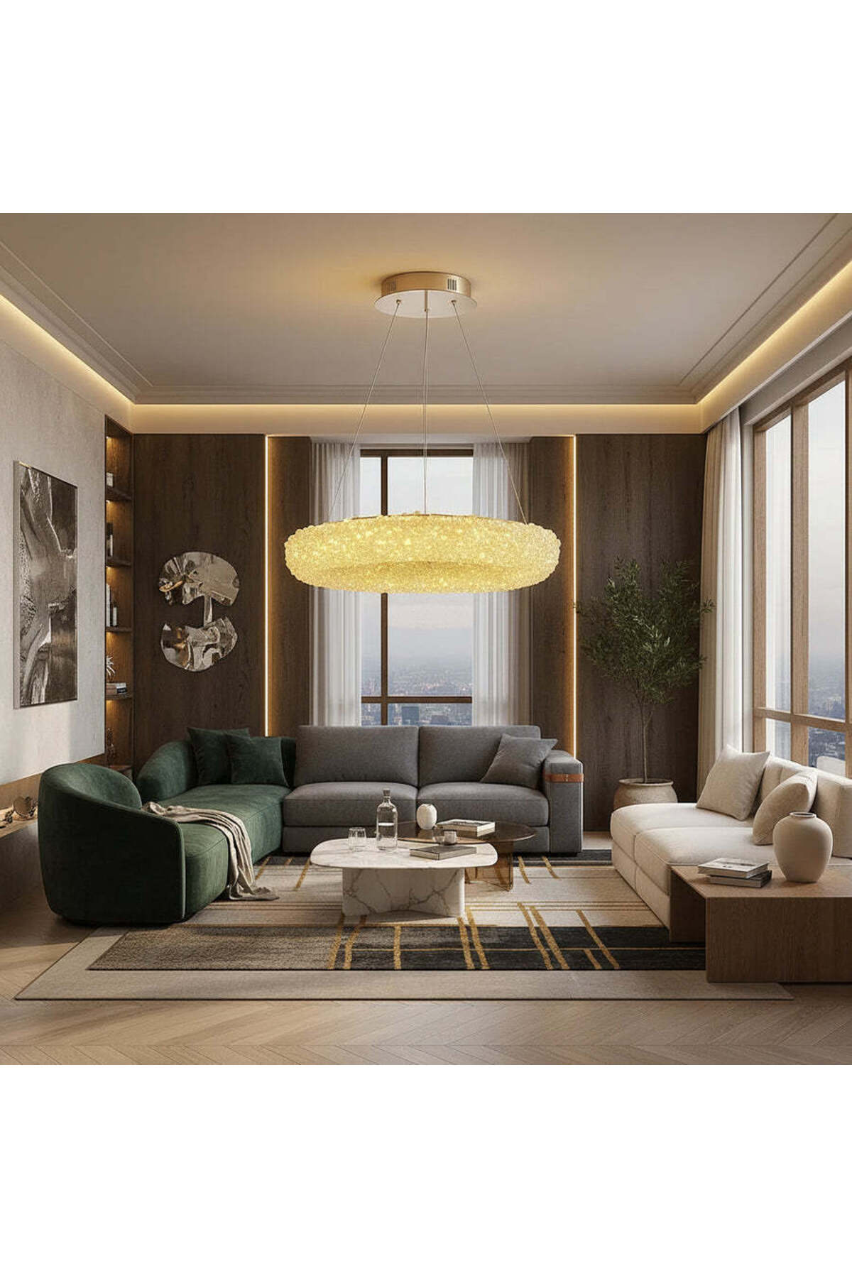 Lustră LED suspendată aurie cu cristale din acril, design modern