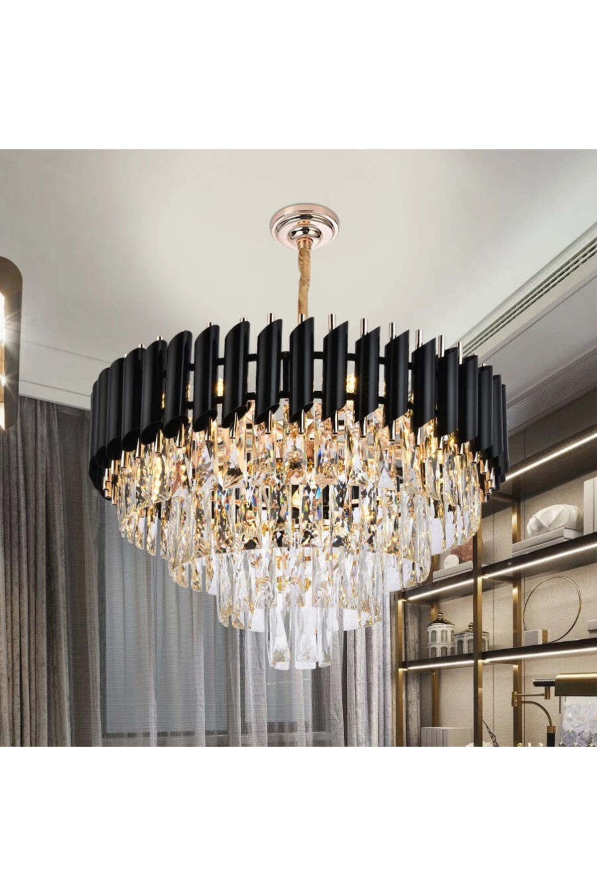 Candelabru Black Panther cu cristale K9, 50 cm, auriu champagne și negru