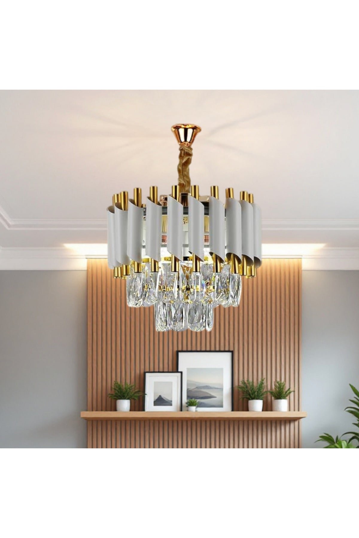 Candelabru cu cristale, alb-auriu, Ø30 cm, 3 x E14