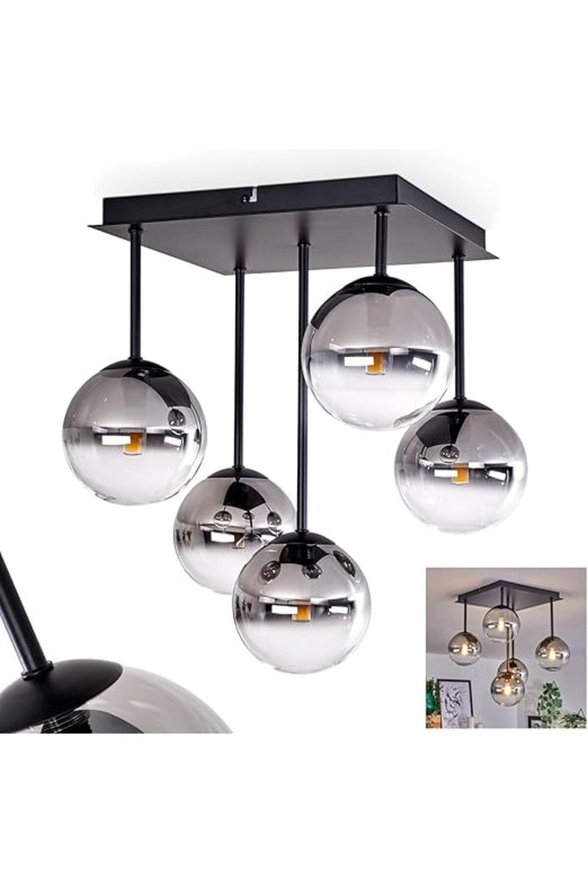 Plafonieră modernă neagră, 4 socluri E27, metal și acril