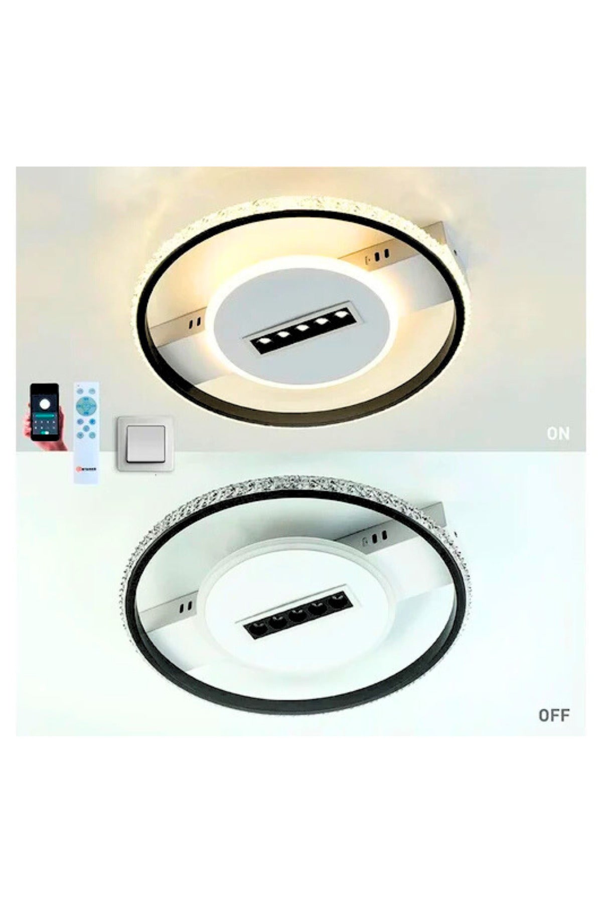 Plafonieră LED neagră 51W, 3 surse, dimabilă, WiFi și telecomandă