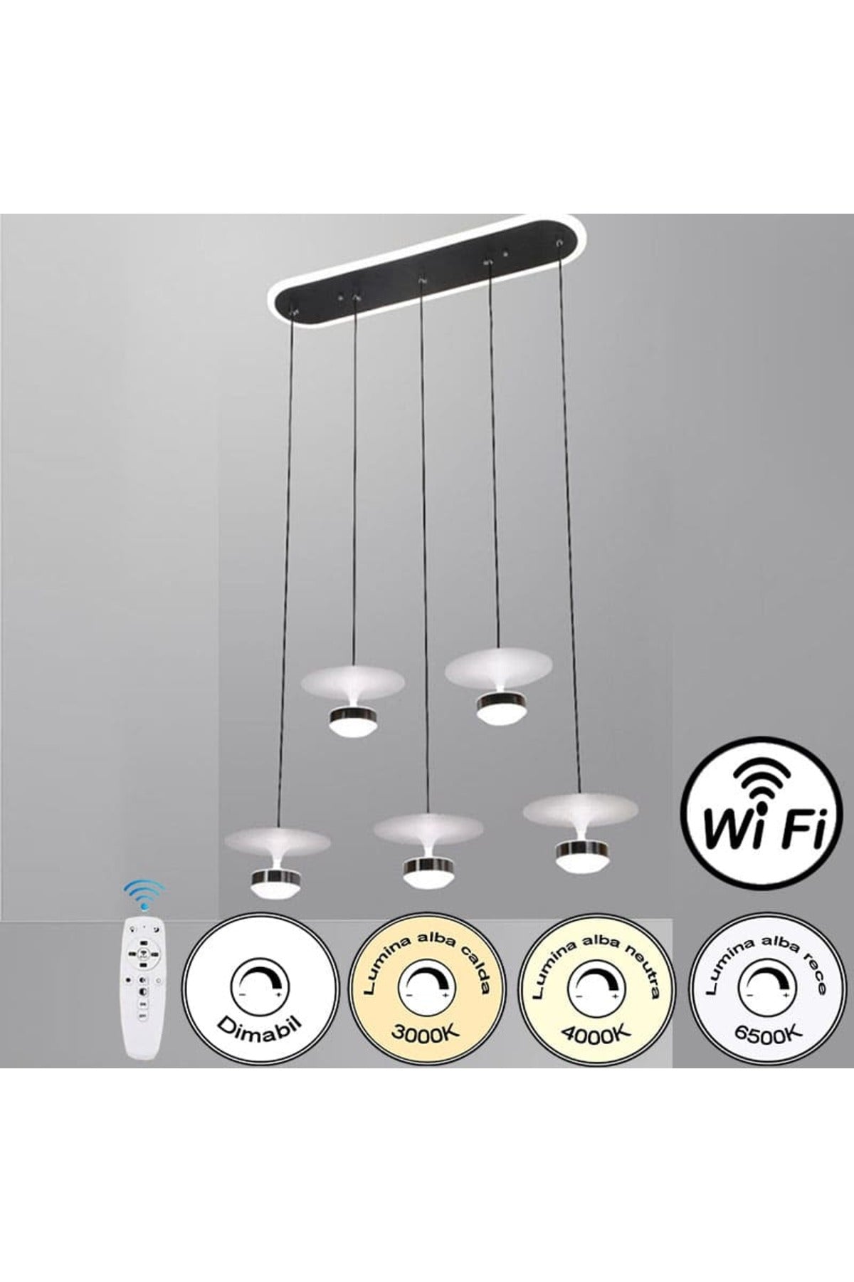 Plafonieră LED cu 5 lumini, Wi-Fi, telecomandă și 3 culori de lumină