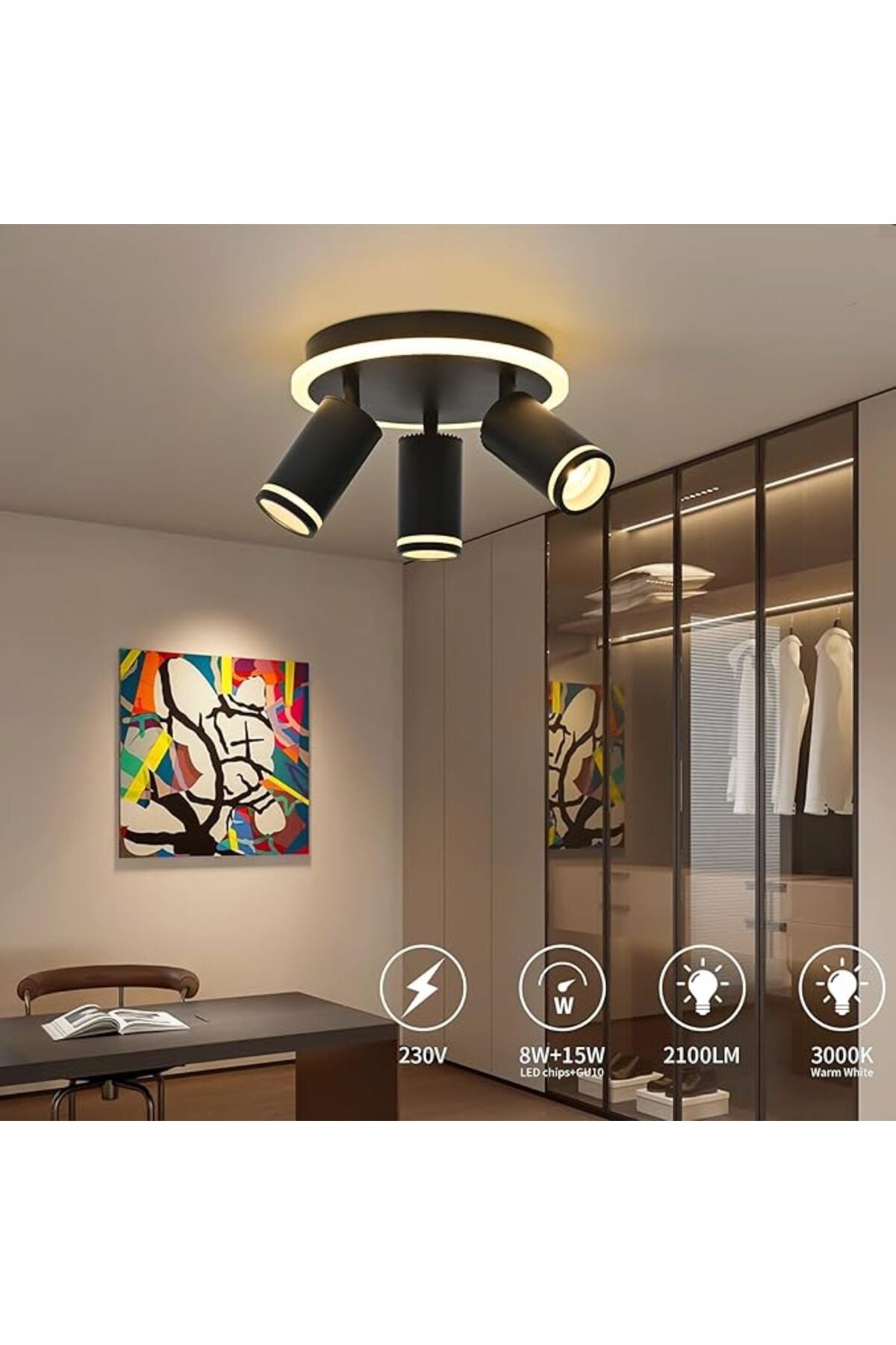 Spot LED încastrat pentru tavan, cu 3 lumini, negru