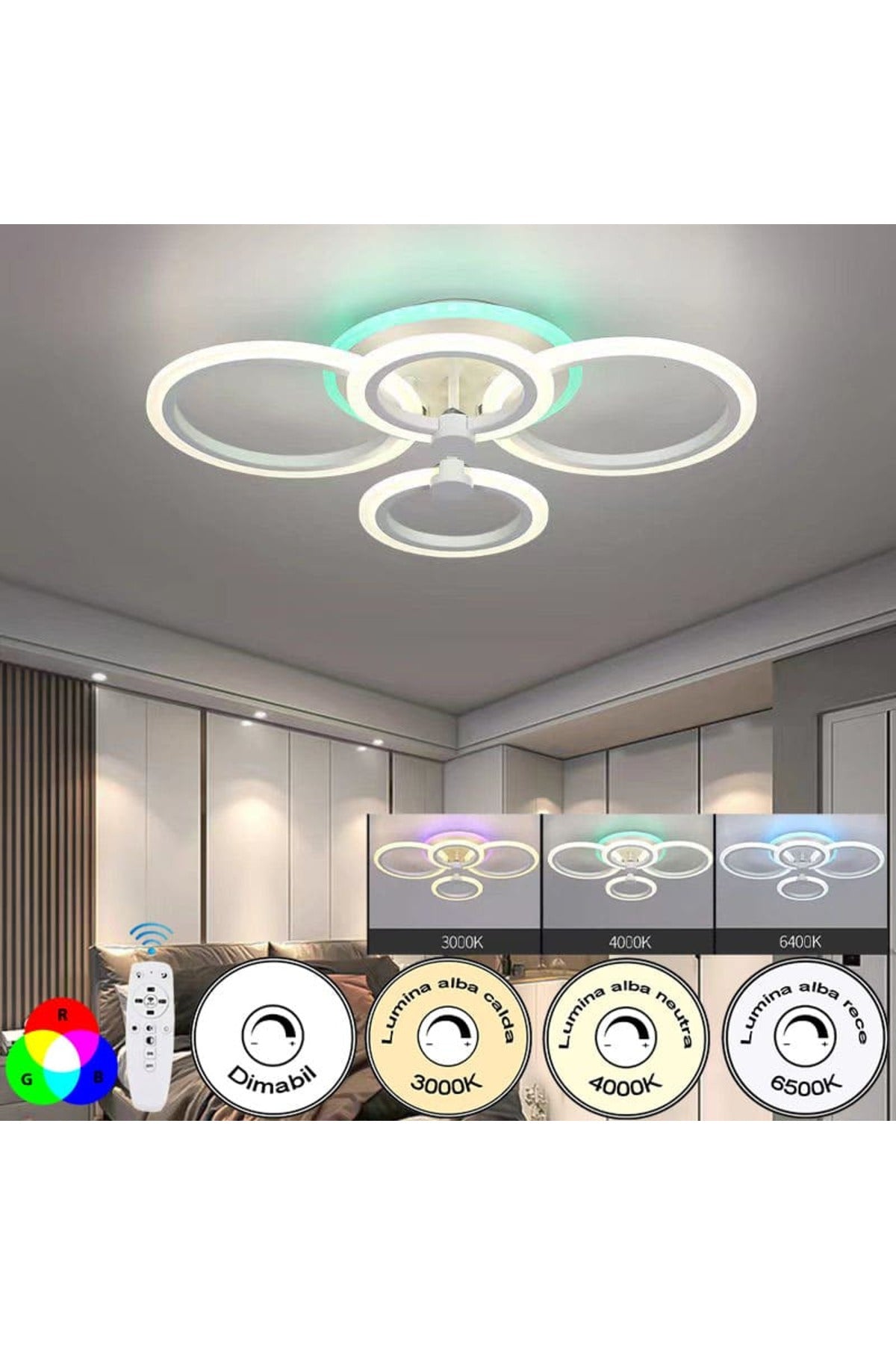 Plafonieră LED RGB 90W, 4 inele, dimabilă, Wi-Fi și telecomandă