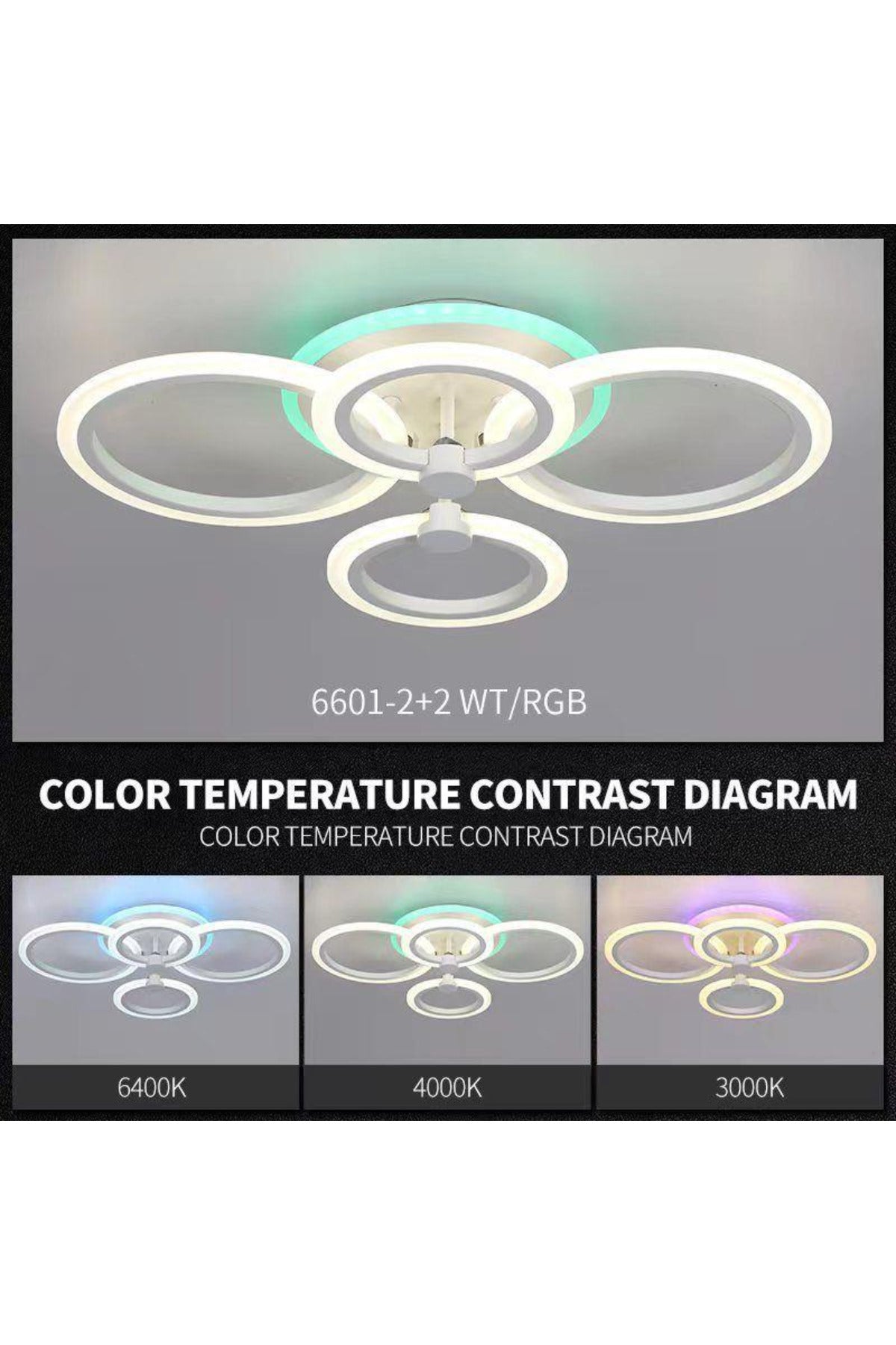 Plafonieră LED RGB 90W, 4 inele, dimabilă, Wi-Fi și telecomandă